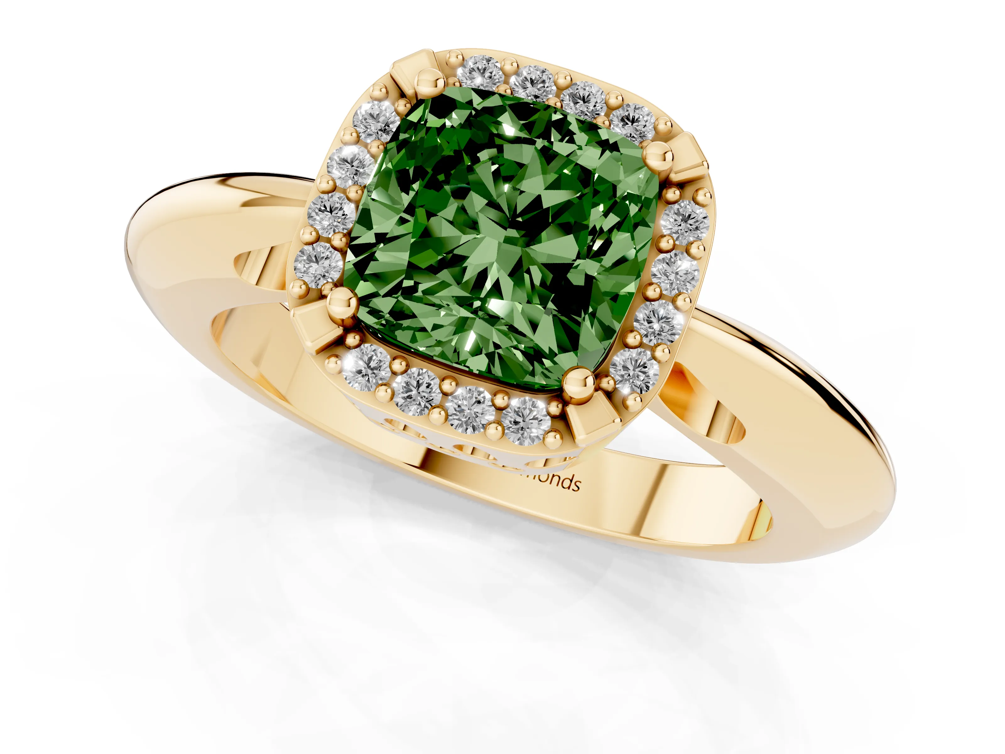 Fancy Green Cushion Cut Diamond Halo Engagement Ring Set in Yellow gold with Plain Split Shank and Prong Setting