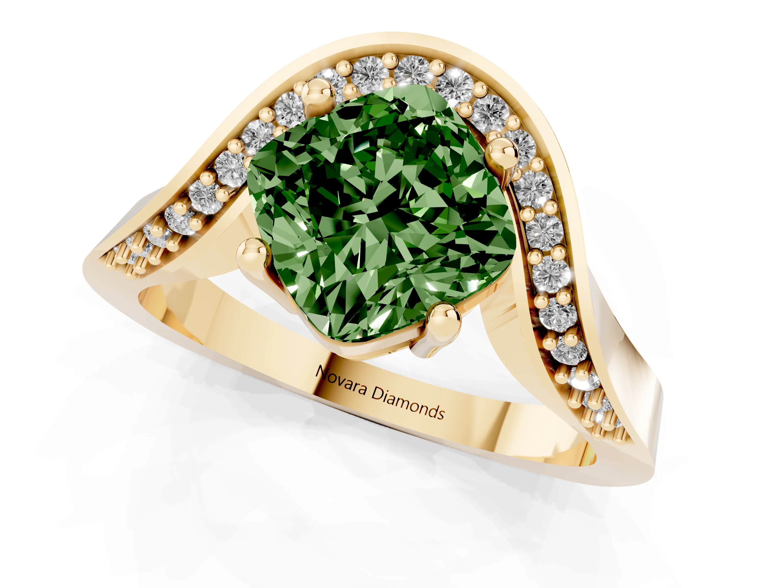 Fancy Green Cushion Cut Diamond Solitaire Engagement Ring Set in Yellow gold with Pavé Shoulders