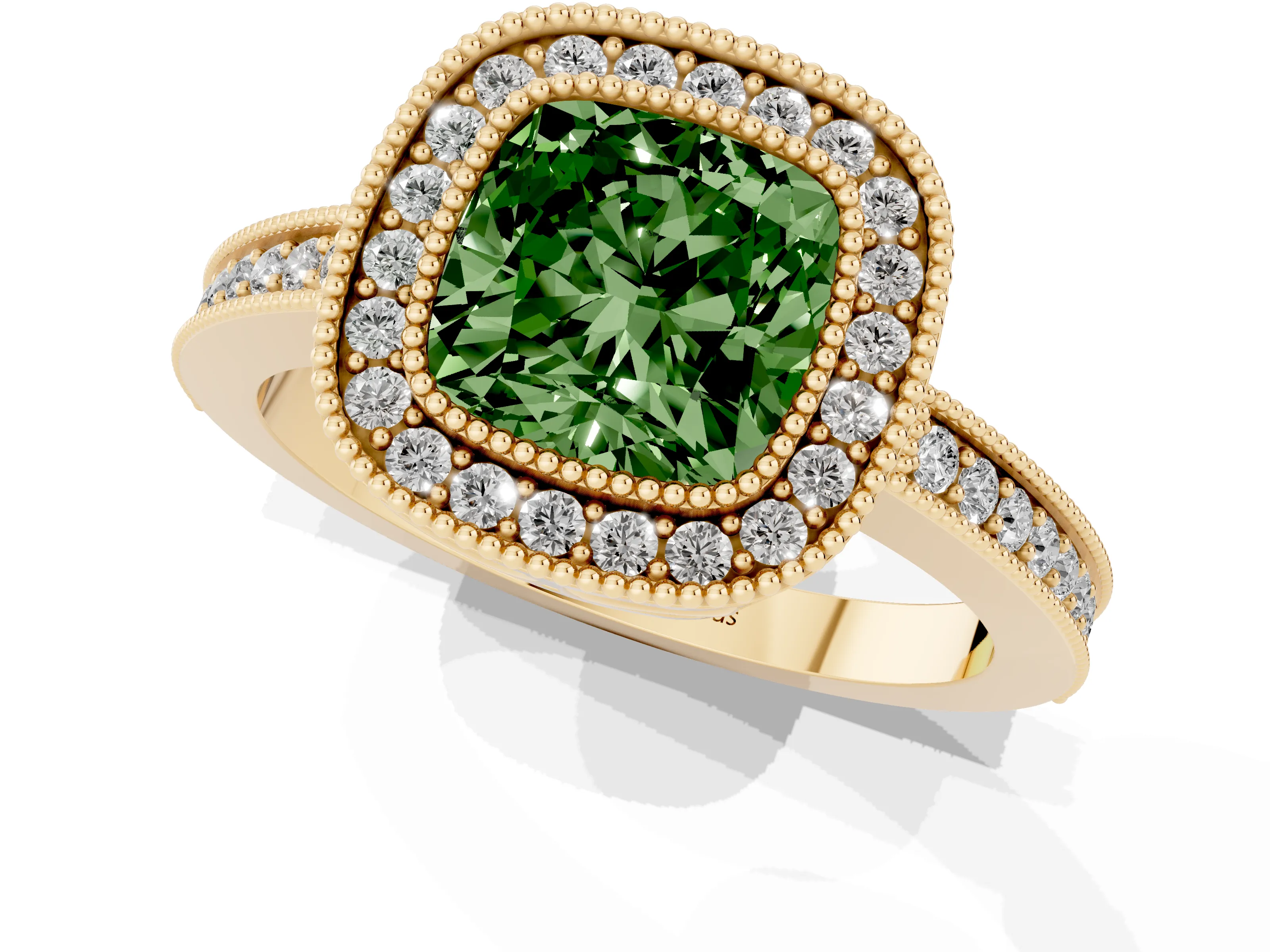 Fancy Green Cushion Cut Diamond Round Halo Ring Set in Yellow gold with Pavé Band