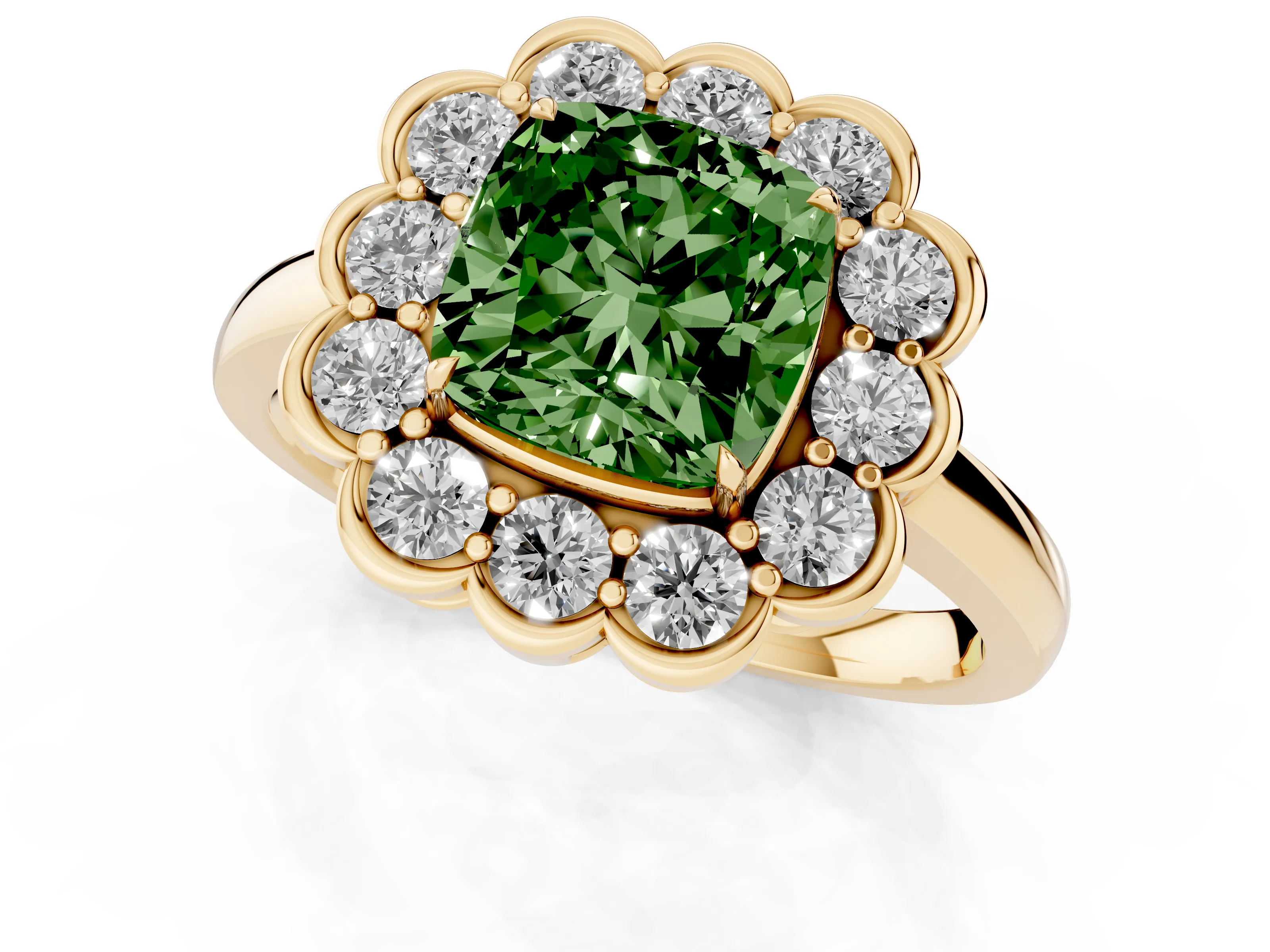 Fancy Green Cushion Cut Diamond Halo Cluster Engagement Ring Set in Yellow gold with Solitaire Band and Prong Setting