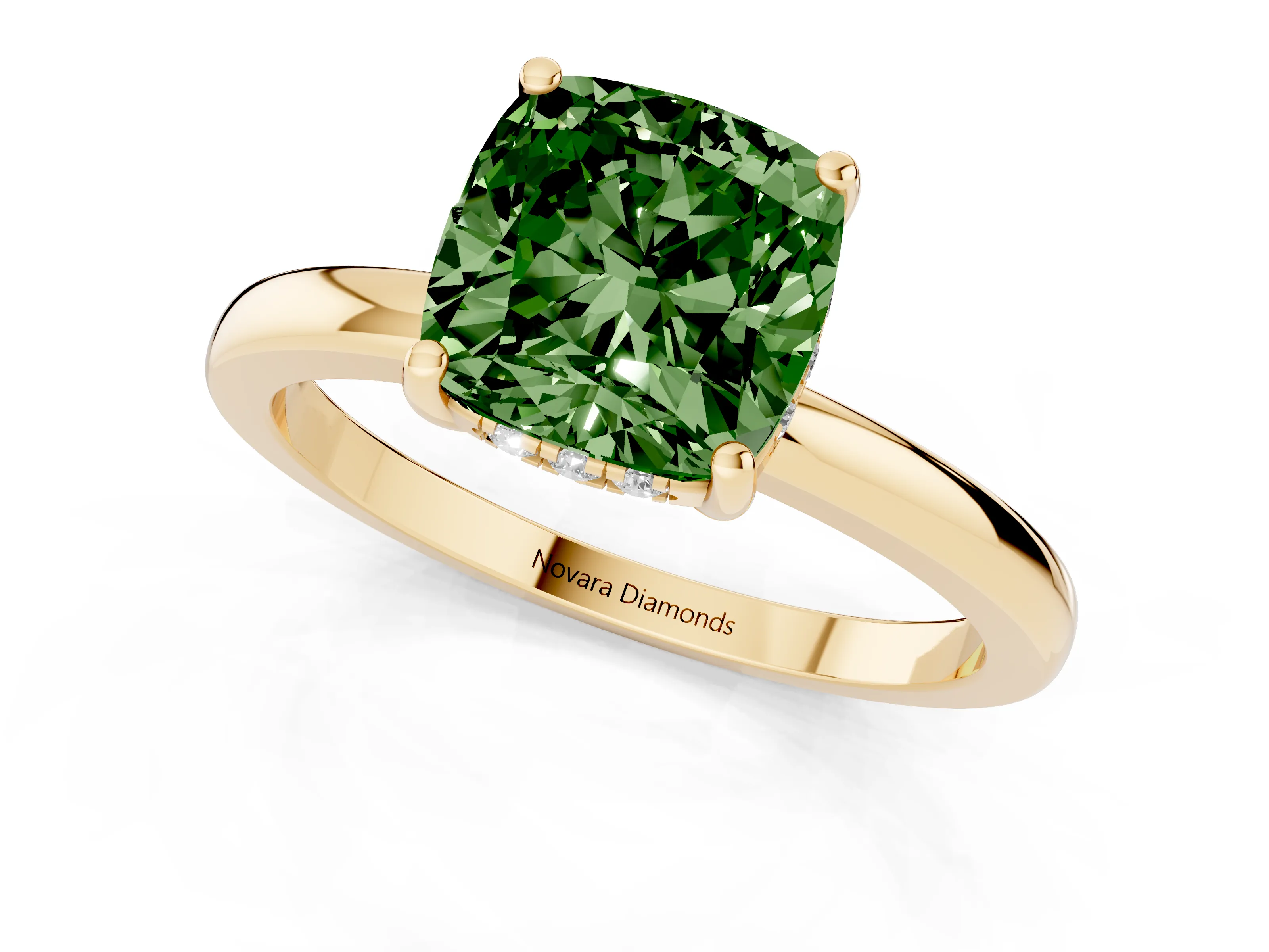 Fancy Green Cushion Cut Diamond Solitaire Ring Set in Yellow gold with Plain Band and Prong Setting