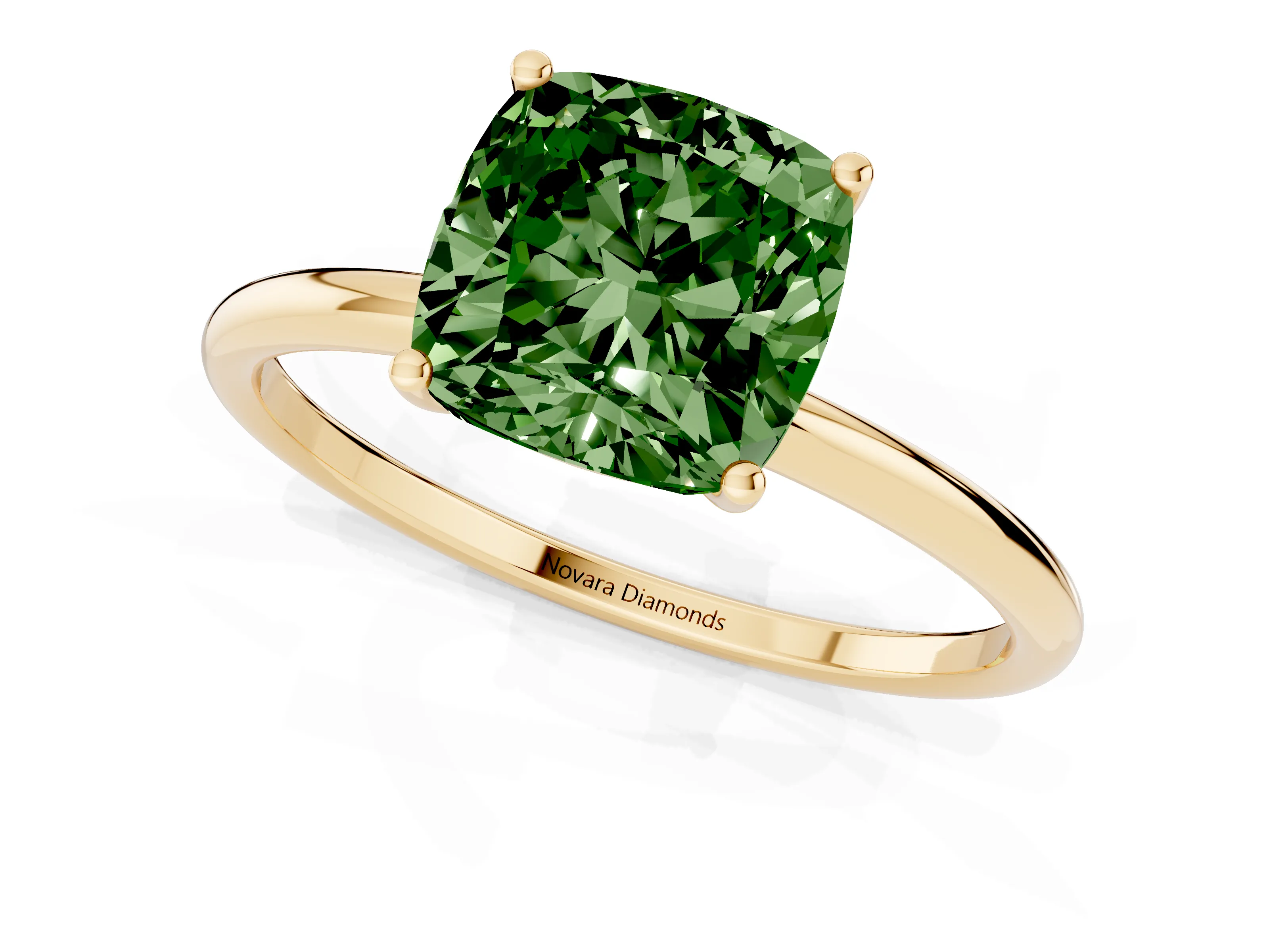 Fancy Green Cushion Cut Diamond Solitaire Engagement Ring Set in Yellow gold with Thin Band and Prong Setting