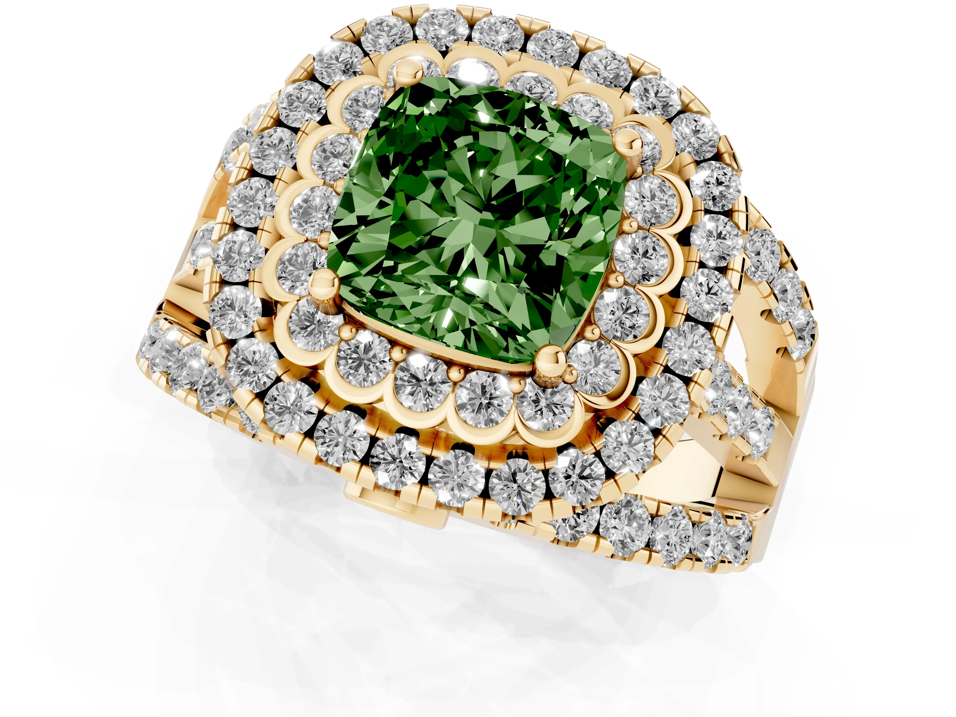 Fancy Green Cushion Cut Diamond Double Halo Ring Set in Yellow gold with Round Pavé Split Shank – second view