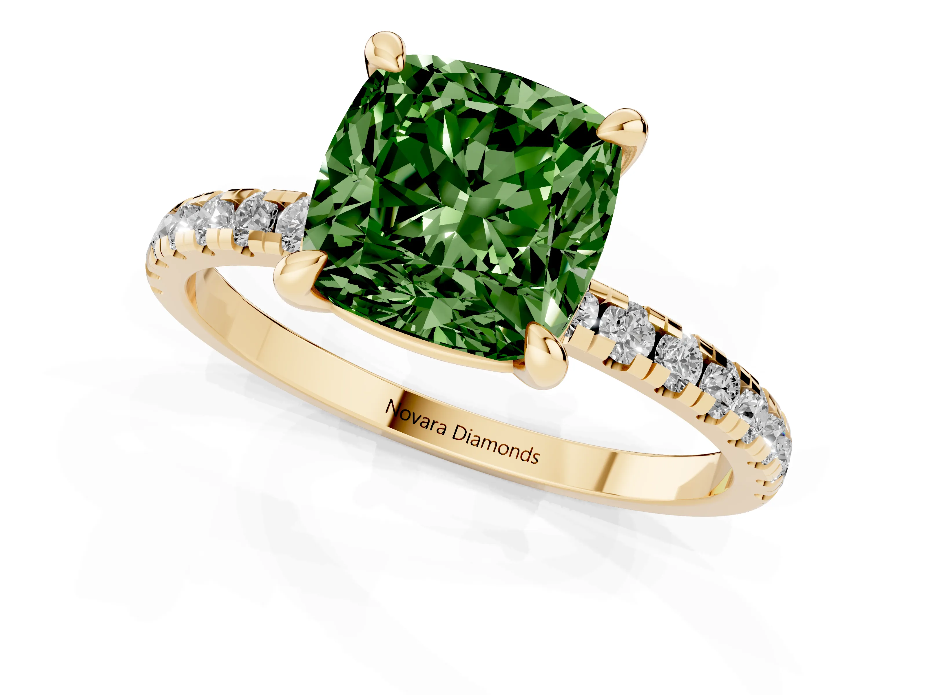 Fancy Green Cushion Cut Diamond Brilliant Solitaire Ring Set in Yellow gold with Pavé Band and Prong Setting