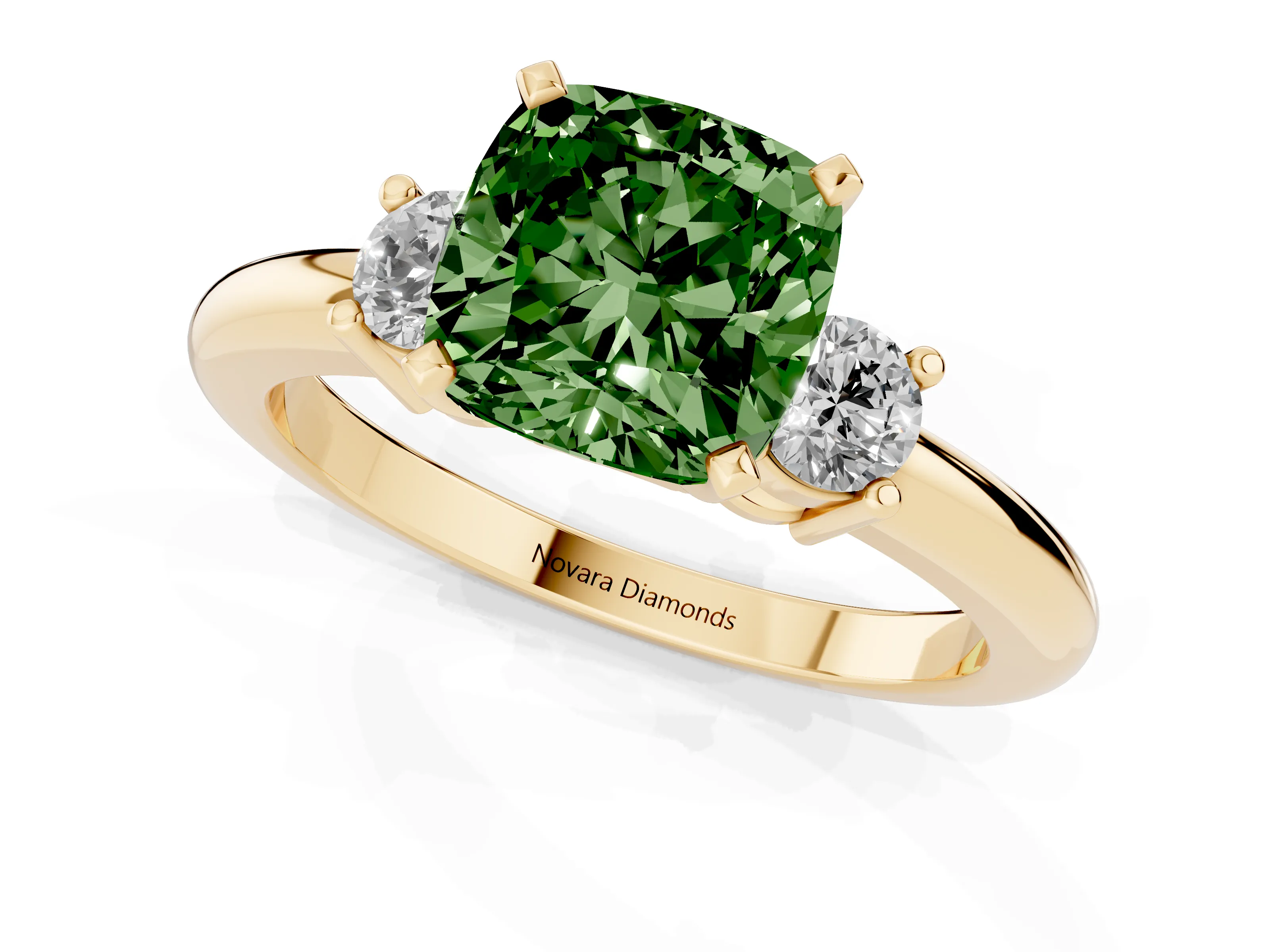 Fancy Green Three-Stone Cushion Cut Diamond Ring Set in Yellow gold with Prong Setting and Plain Band
