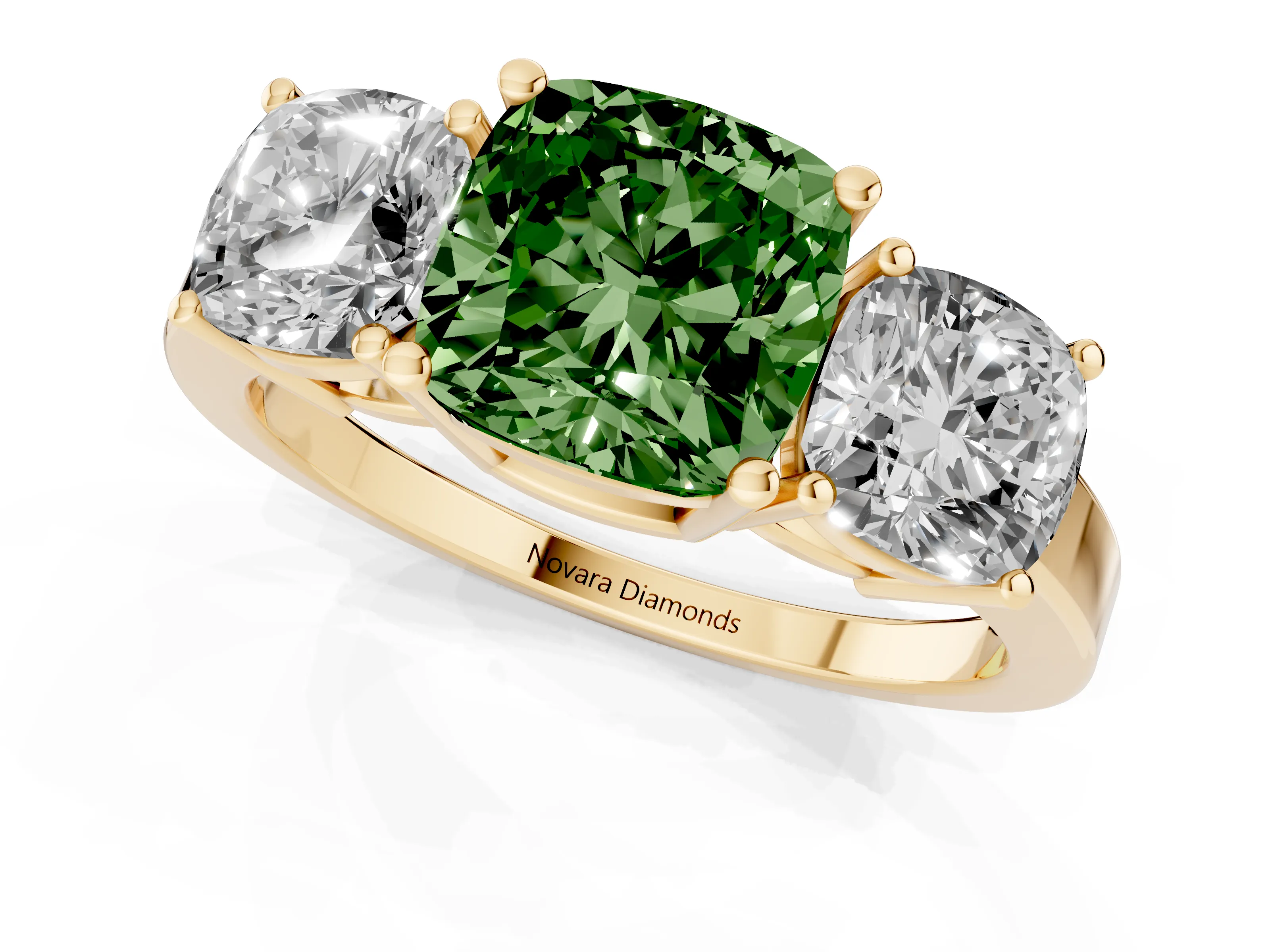 Fancy Green Cushion Cut Diamond Three-Stone Engagement Ring Set in Yellow gold with Flat Band