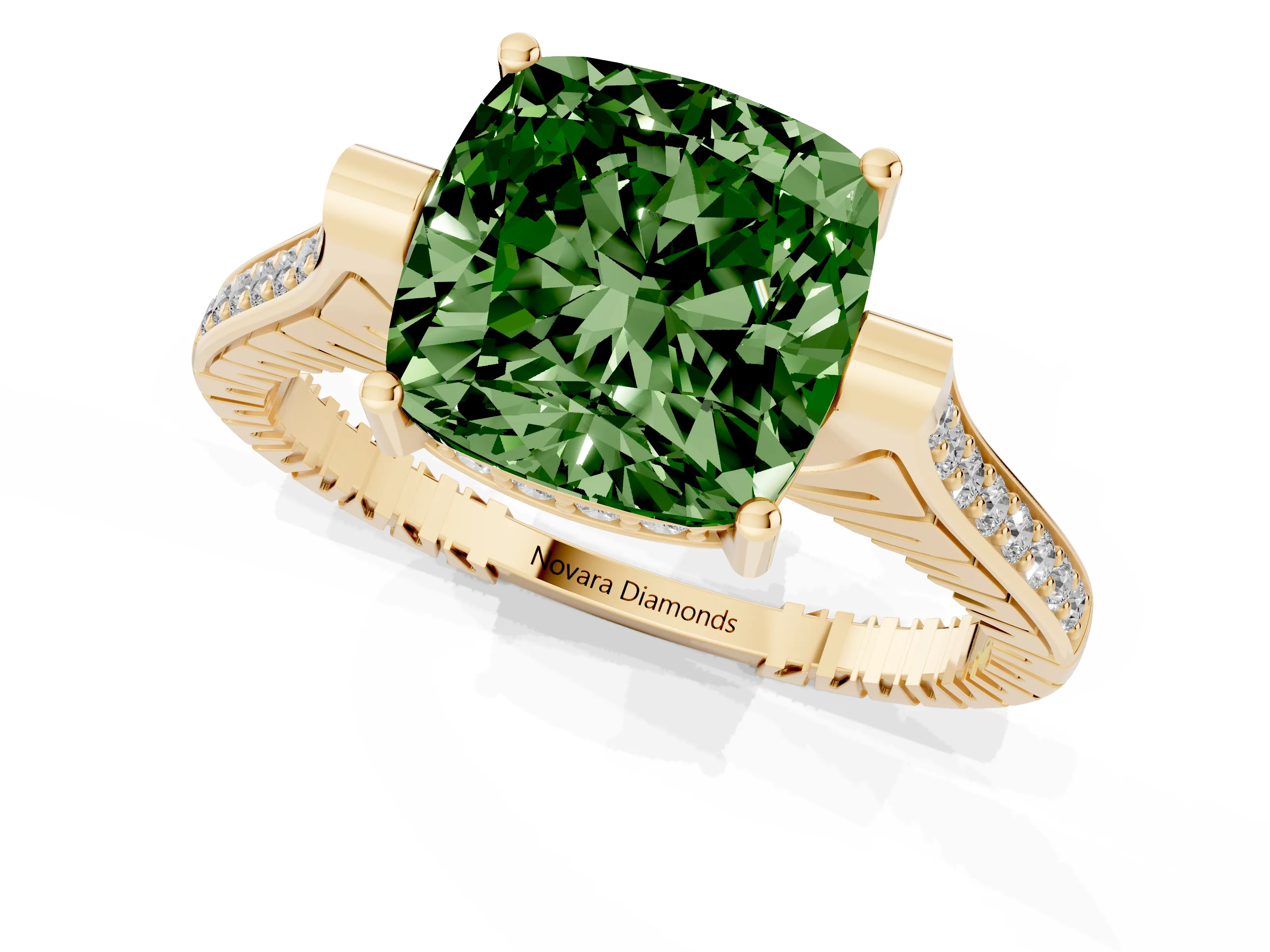 Fancy Green Cushion Cut Diamond Solitaire Ring Set in Yellow gold with Channel Set Band and Bezel Prong Setting