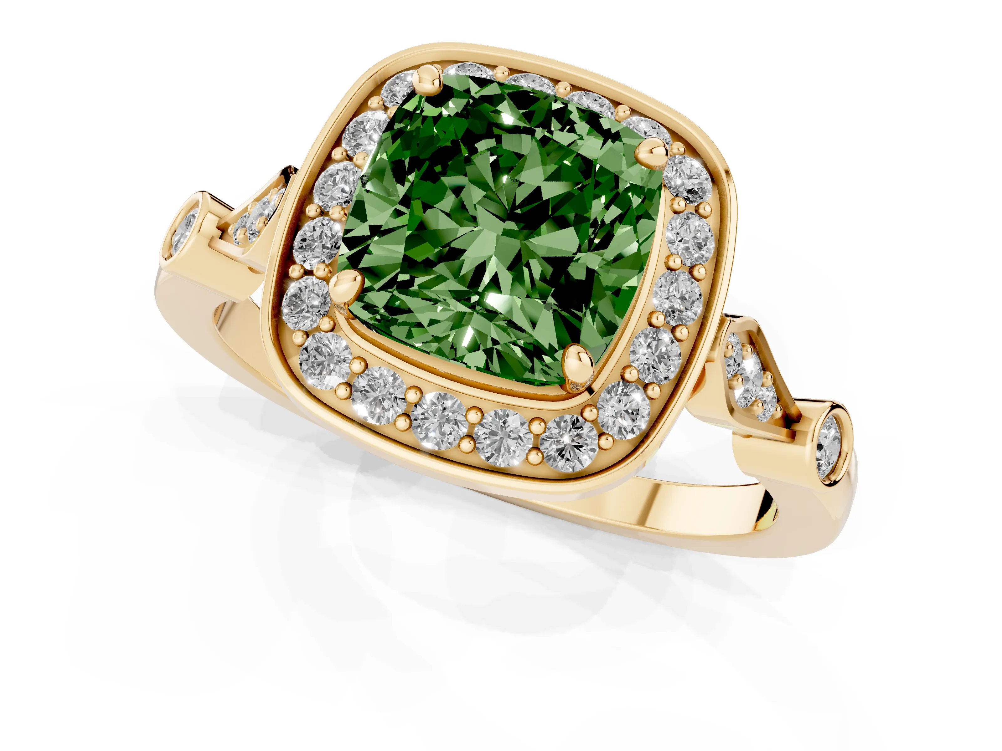 Fancy Green Cushion Cut Diamond Halo Engagement Ring Set in Yellow gold with Twisted Band and Prong Setting