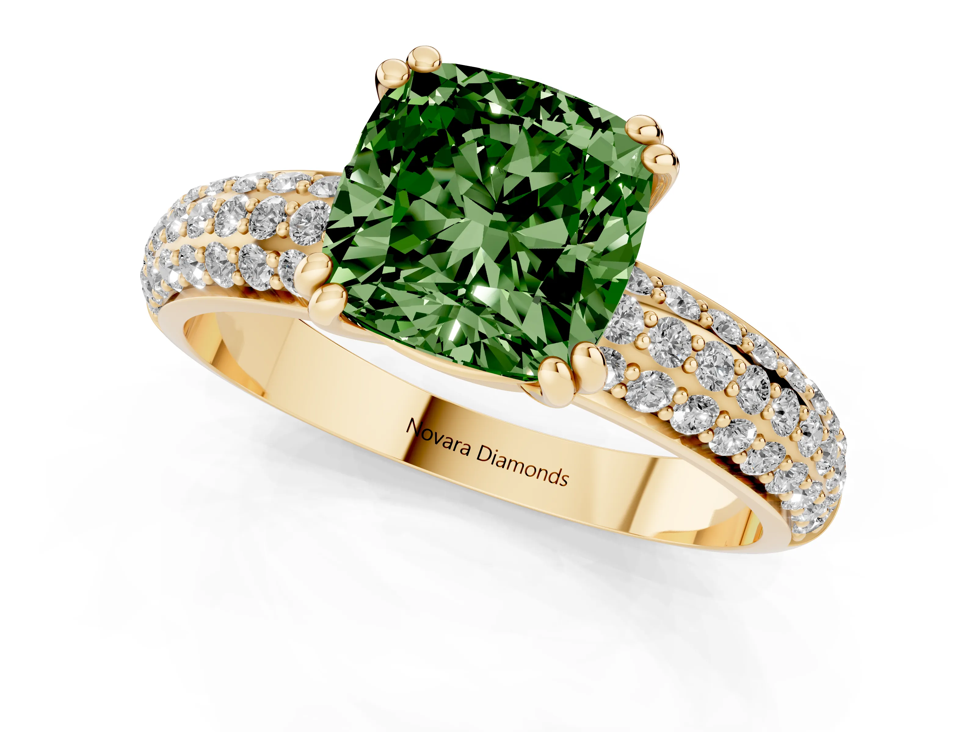 Fancy Green Cushion Cut Diamond Solitaire Ring Set in Yellow gold with Multi-Row Round Pavé Band and Prong Setting
