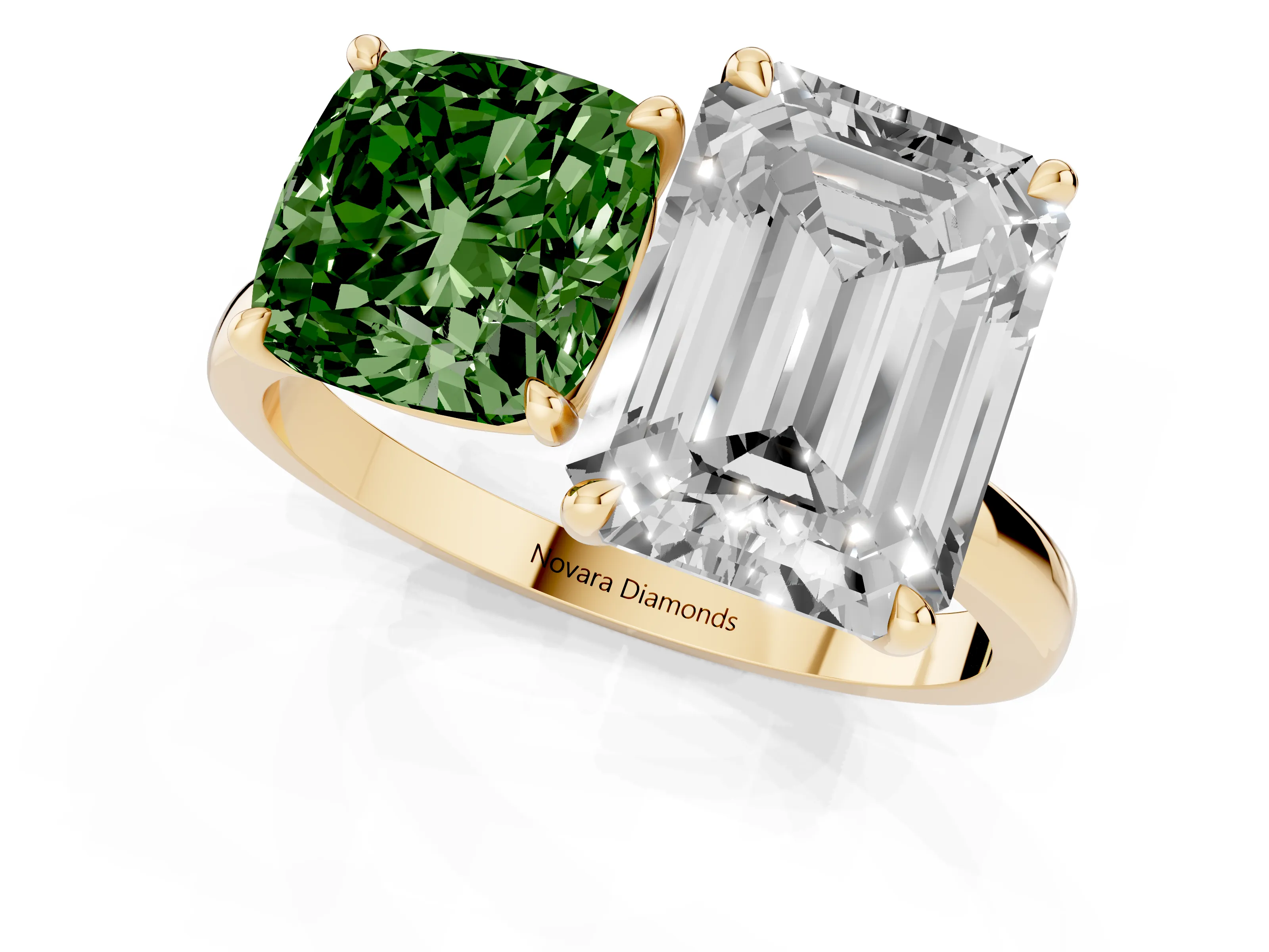 Fancy Green Cushion Cut and Emerald Cut Toi Moi Ring Set in Yellow gold with Prong Setting