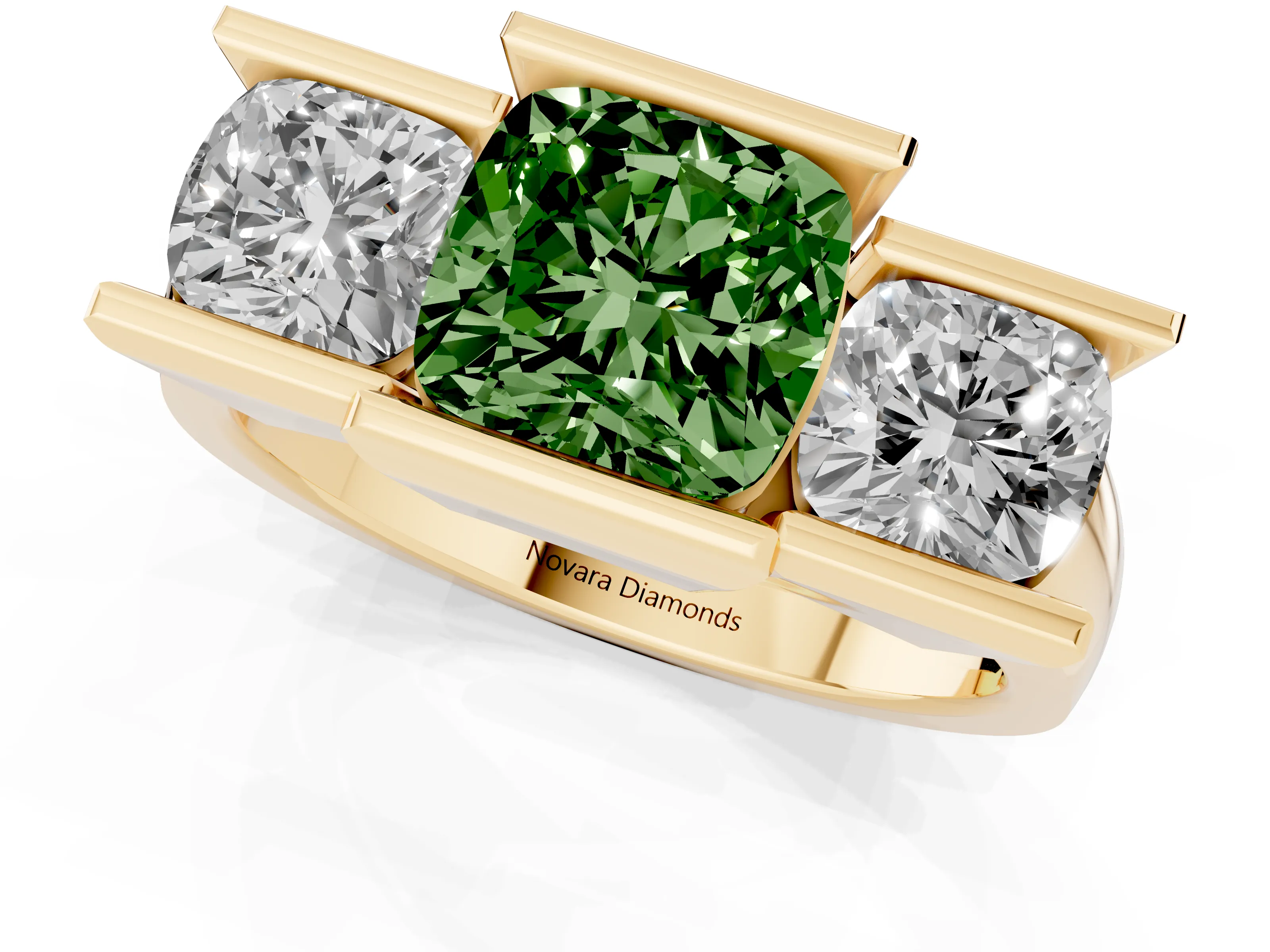 Fancy Green Cushion Cut Diamond Three-Stone Channel Set Ring Set in Yellow gold with Smooth Polished Band