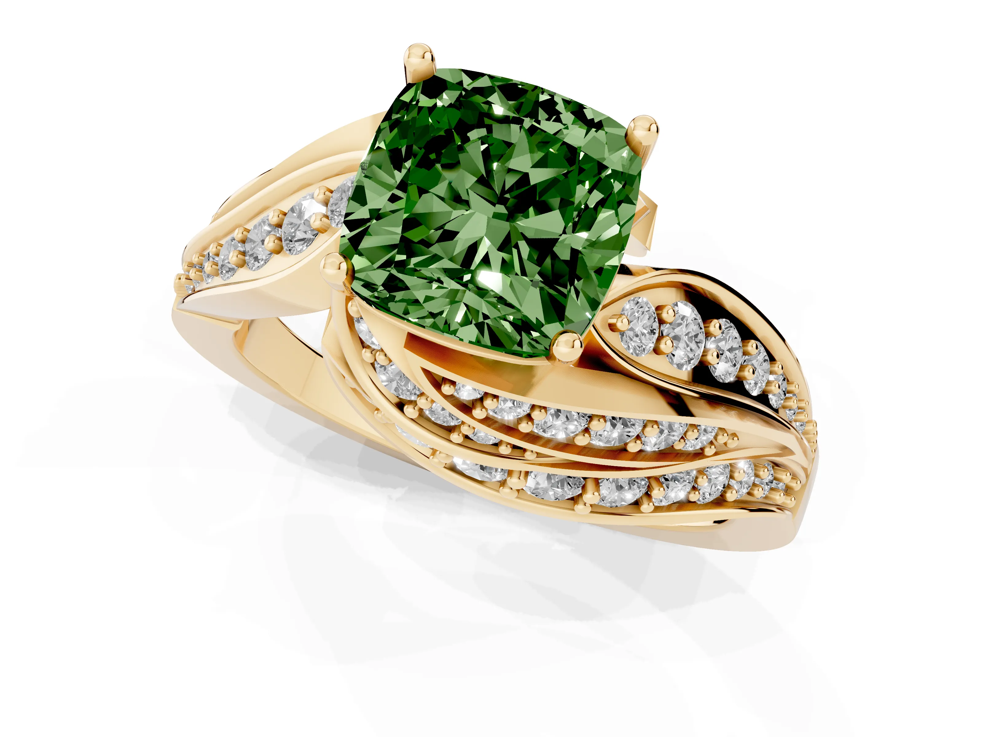 Fancy Green Cushion Cut Diamond Solitaire Ring Set in Yellow gold with Layered Twist Pavé Band