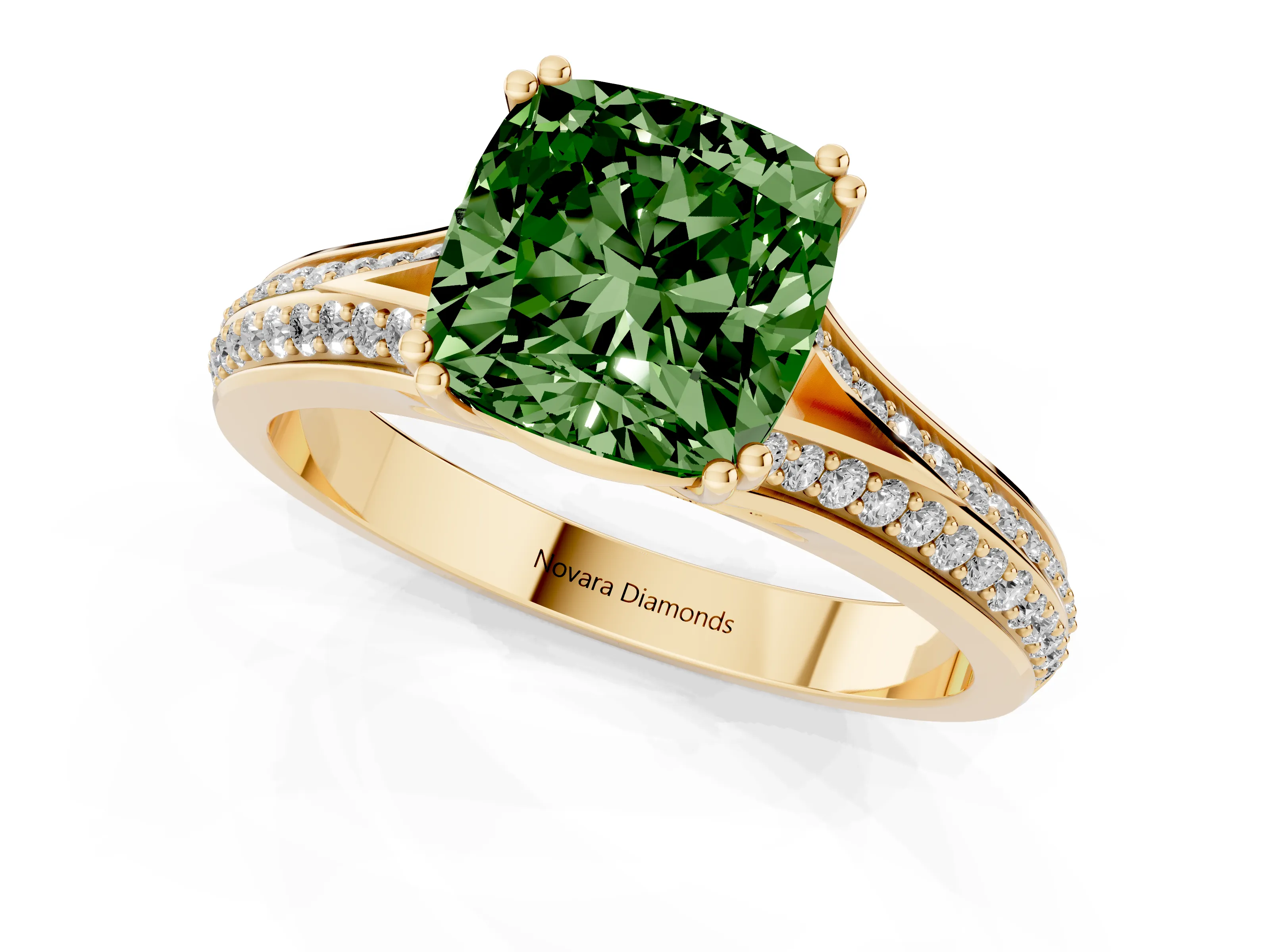 Fancy Green Cushion Cut Diamond Split Shank Pavé Engagement Ring Set in Yellow gold with Prong-Set Center Stone