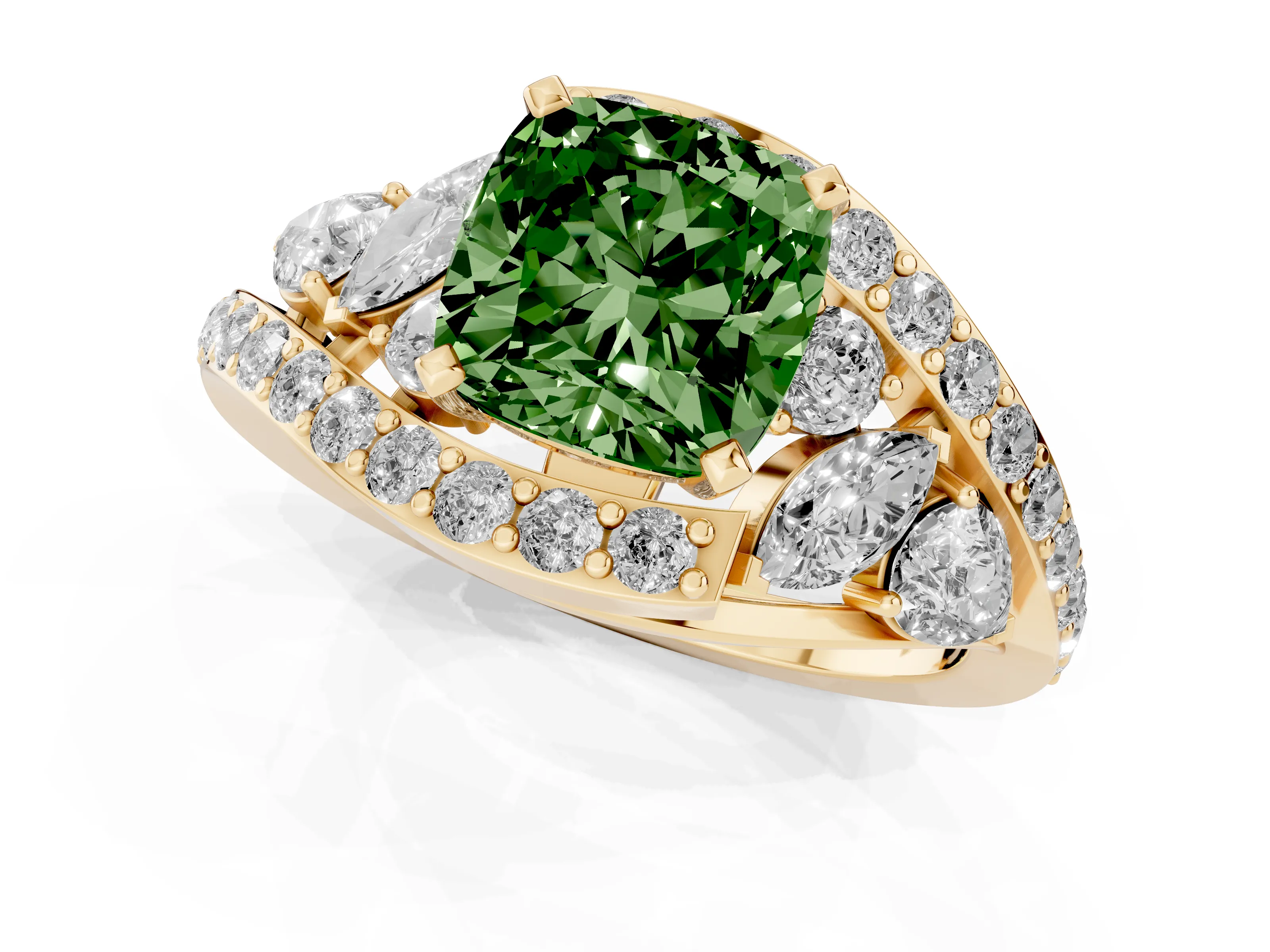 Fancy Green Cushion Cut Diamond Halo Ring Set in Yellow gold with Marquise and Pavé Band in Prong Setting
