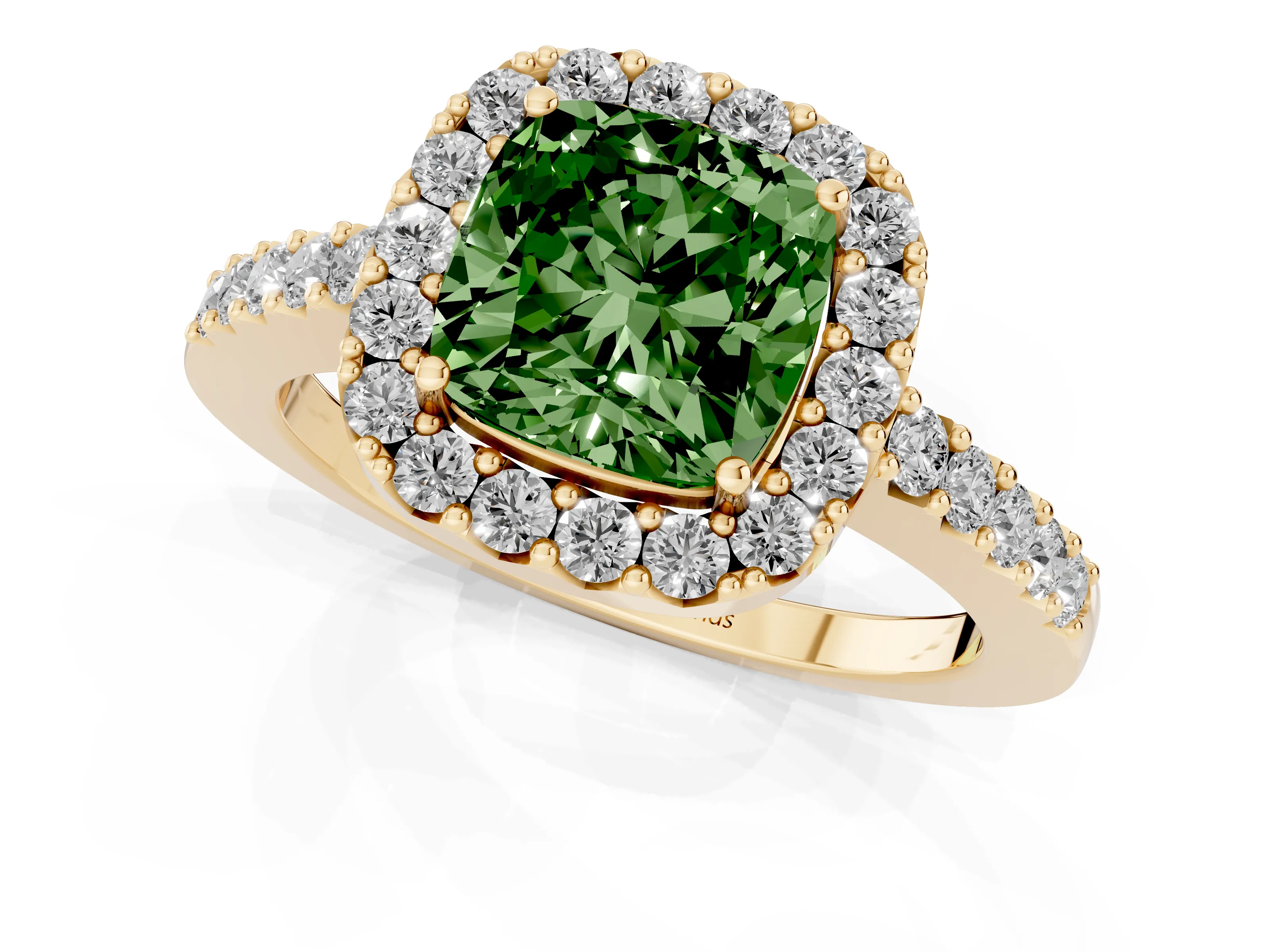 Fancy Green Cushion Cut Diamond Halo Pavé Solitaire Ring Set in Yellow gold with Prong-Set Center Stone