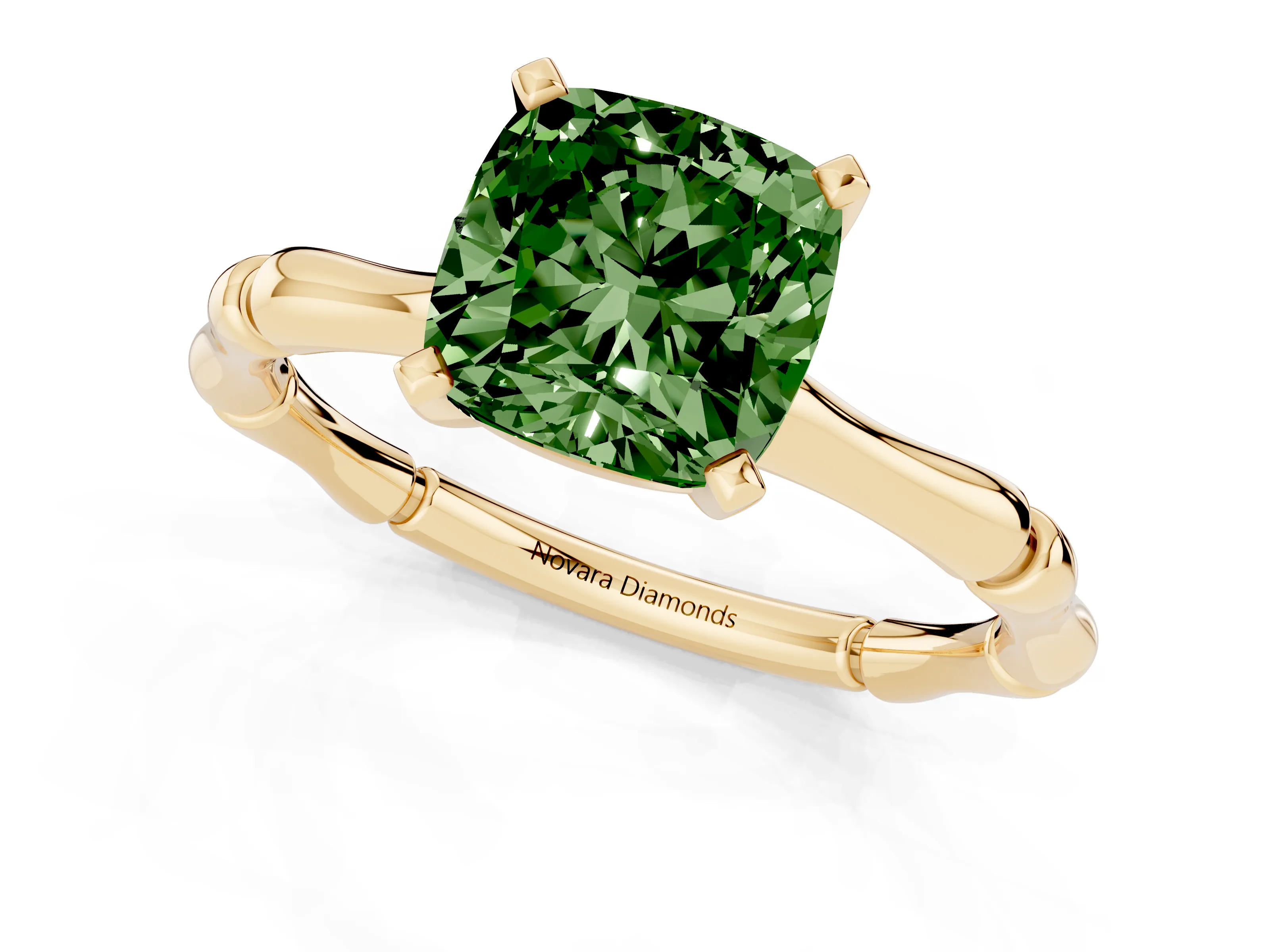 Fancy Green Cushion Cut Diamond Solitaire Ring Set in Yellow gold with Bamboo Band and Prong Setting