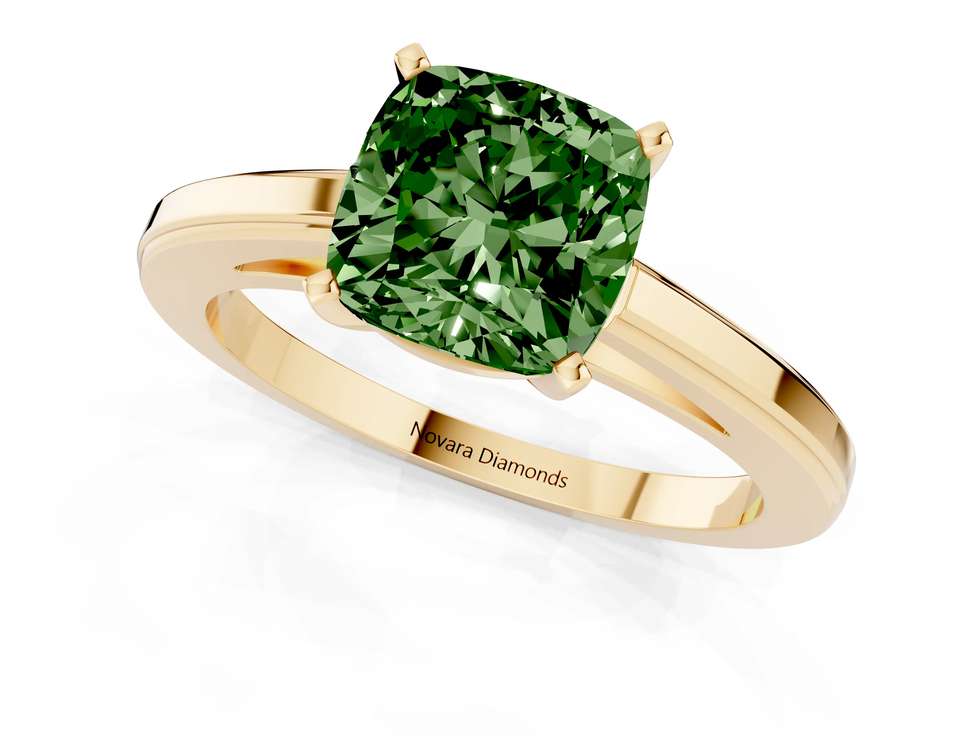 Fancy Green Cushion Cut Diamond Solitaire Ring Set in Yellow gold with Prong Setting and Classic Band
