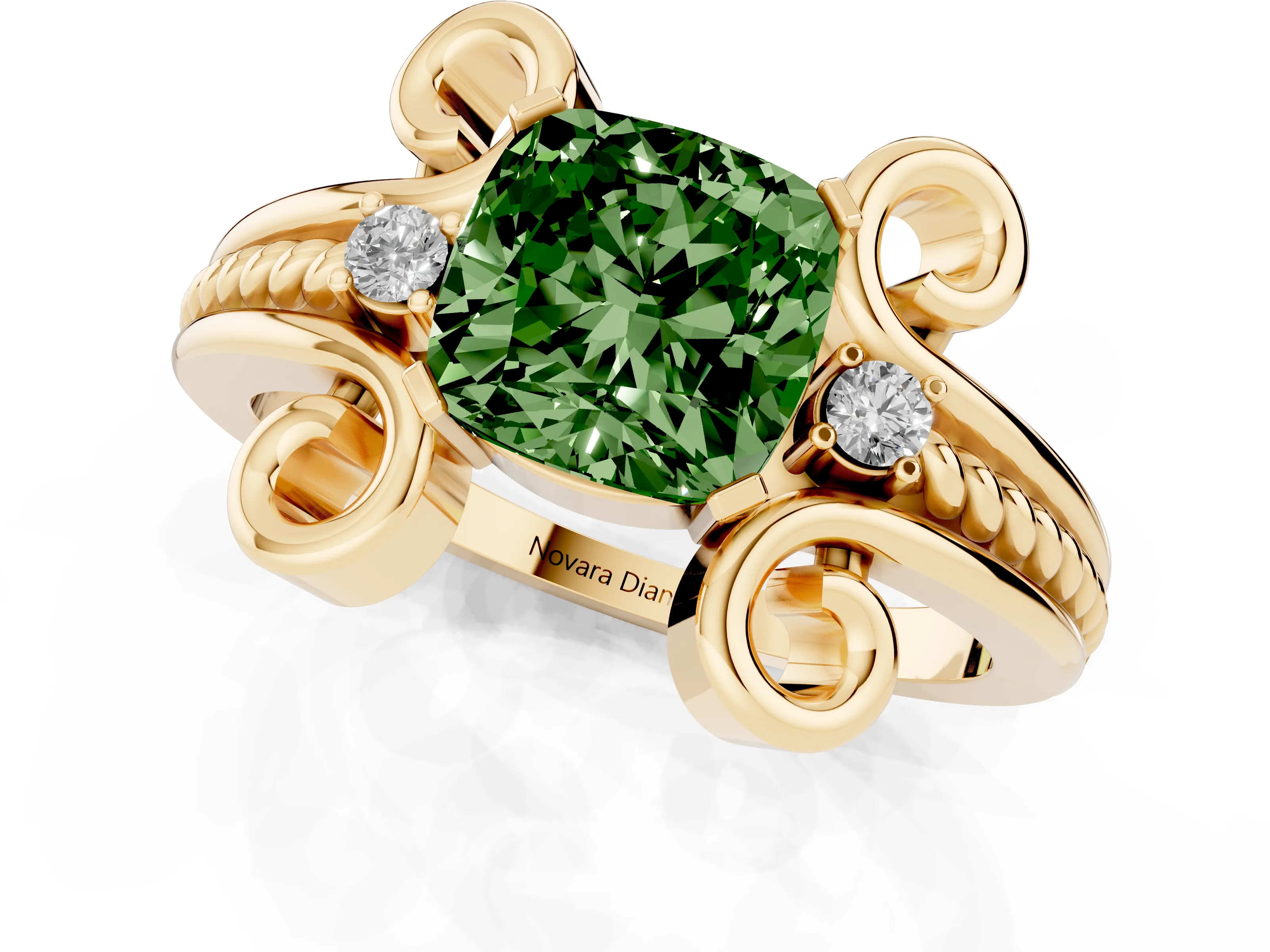 Fancy Green Cushion Cut Diamond Twisted Band Solitaire Ring Set in Yellow gold with Scroll Prongs
