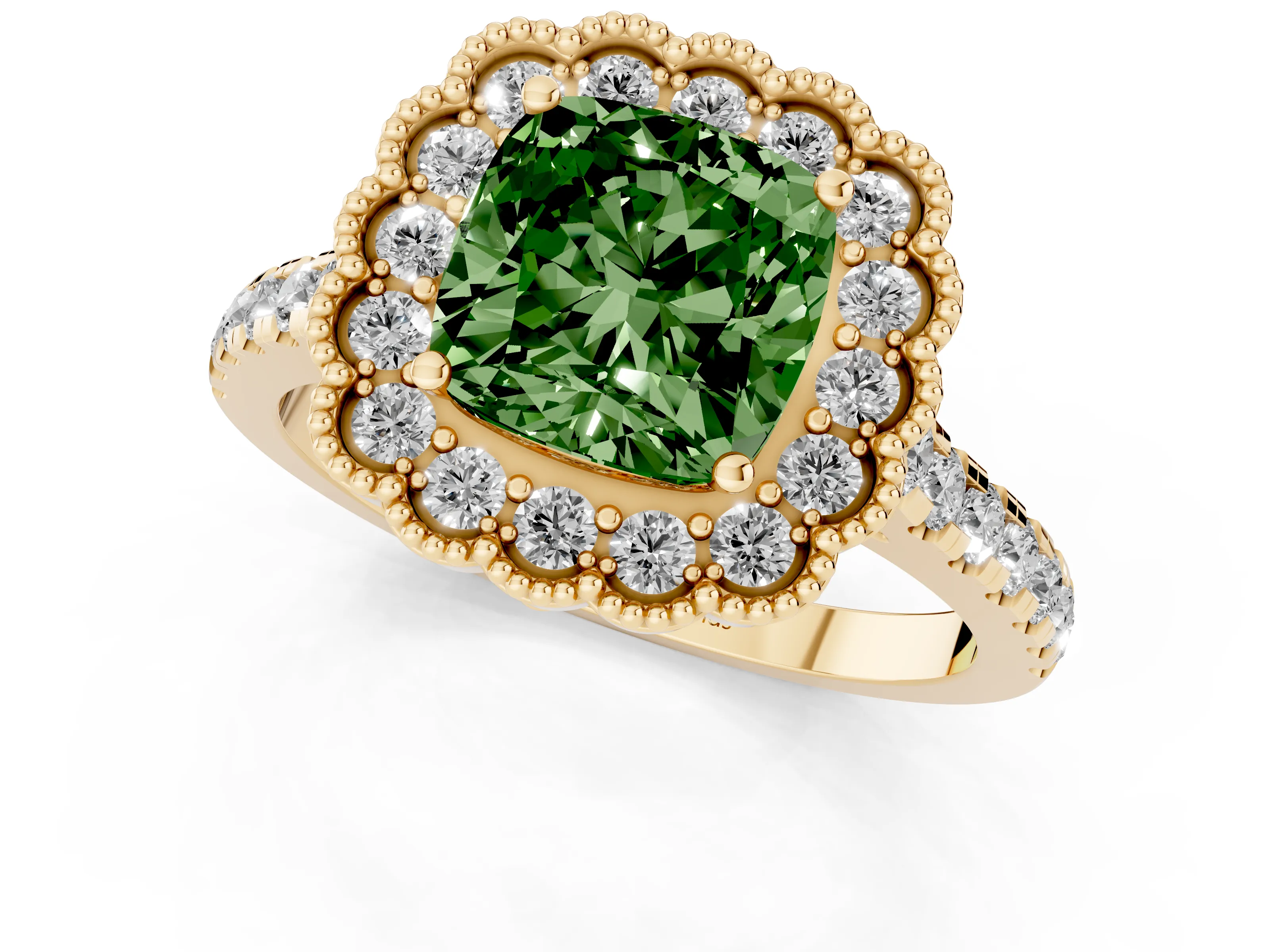 Fancy Green Cushion Cut Diamond Milgrain Floral Halo Engagement Ring Set in Yellow gold with Pavé Band