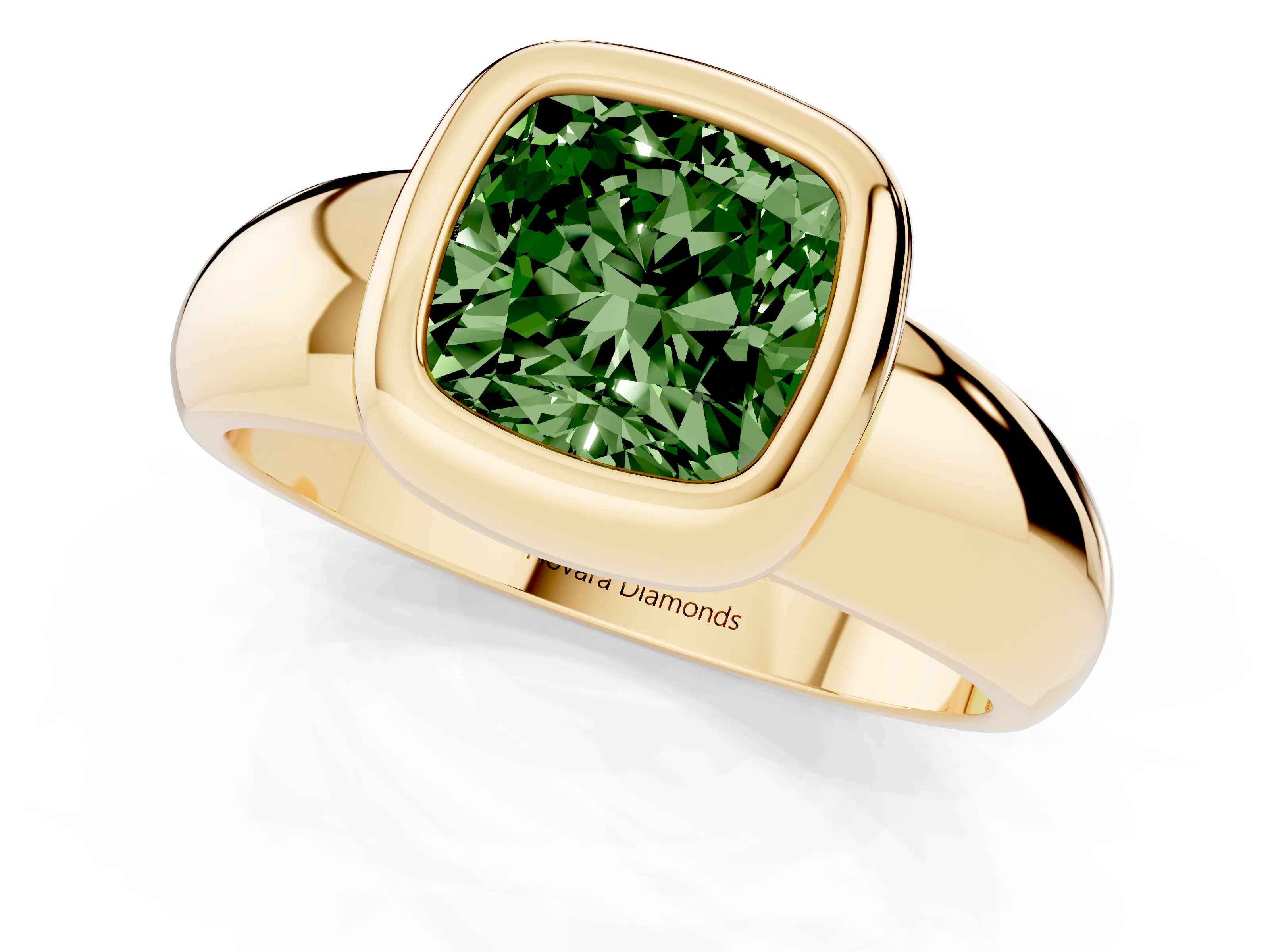 Fancy Green Bezel Set Cushion Cut Diamond Solitaire Ring Set in Yellow gold with Wide Band
