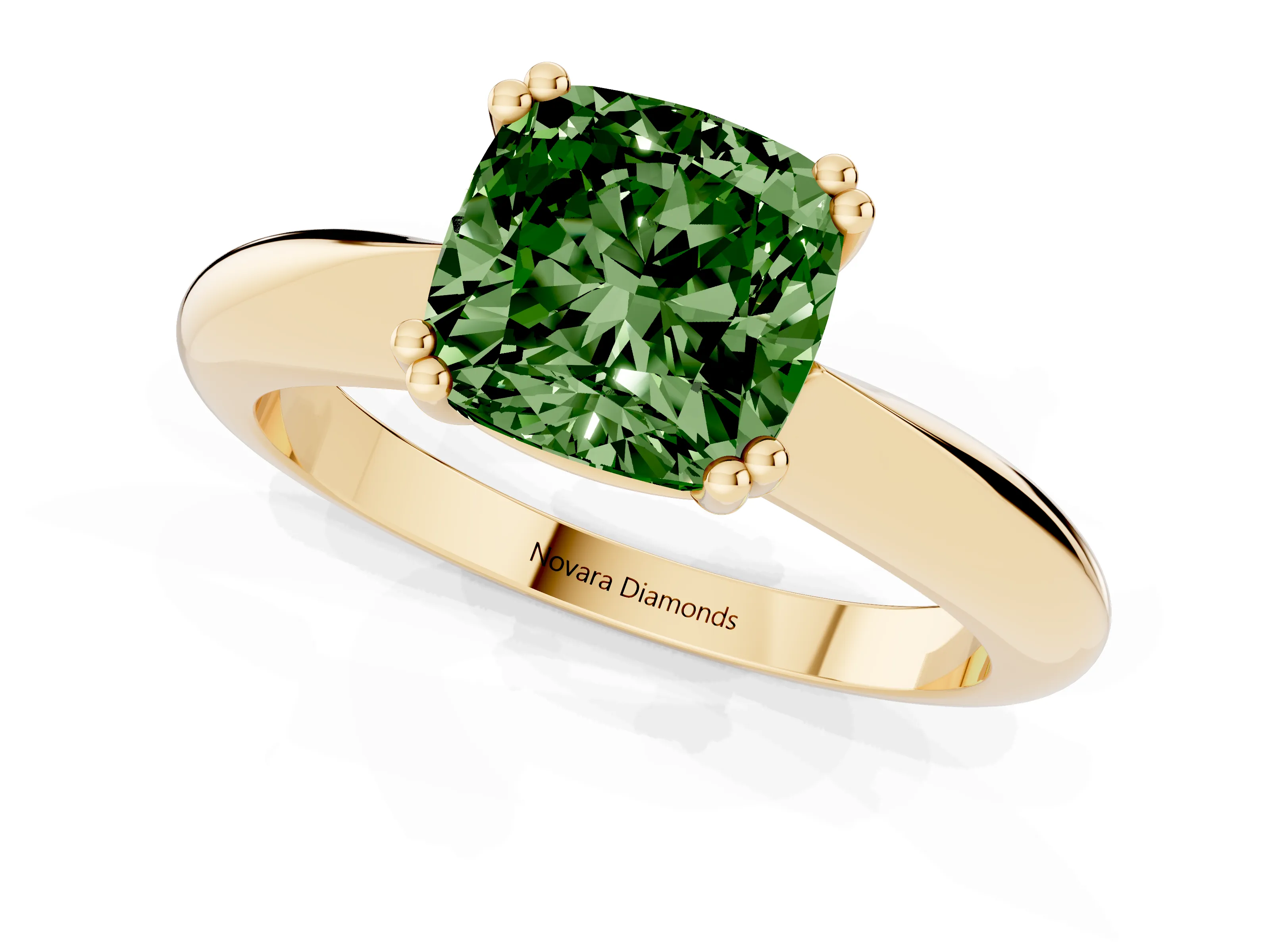 Fancy Green Cushion Cut Diamond Solitaire Engagement Ring Set in Yellow gold with Tapered Band and Prong Setting