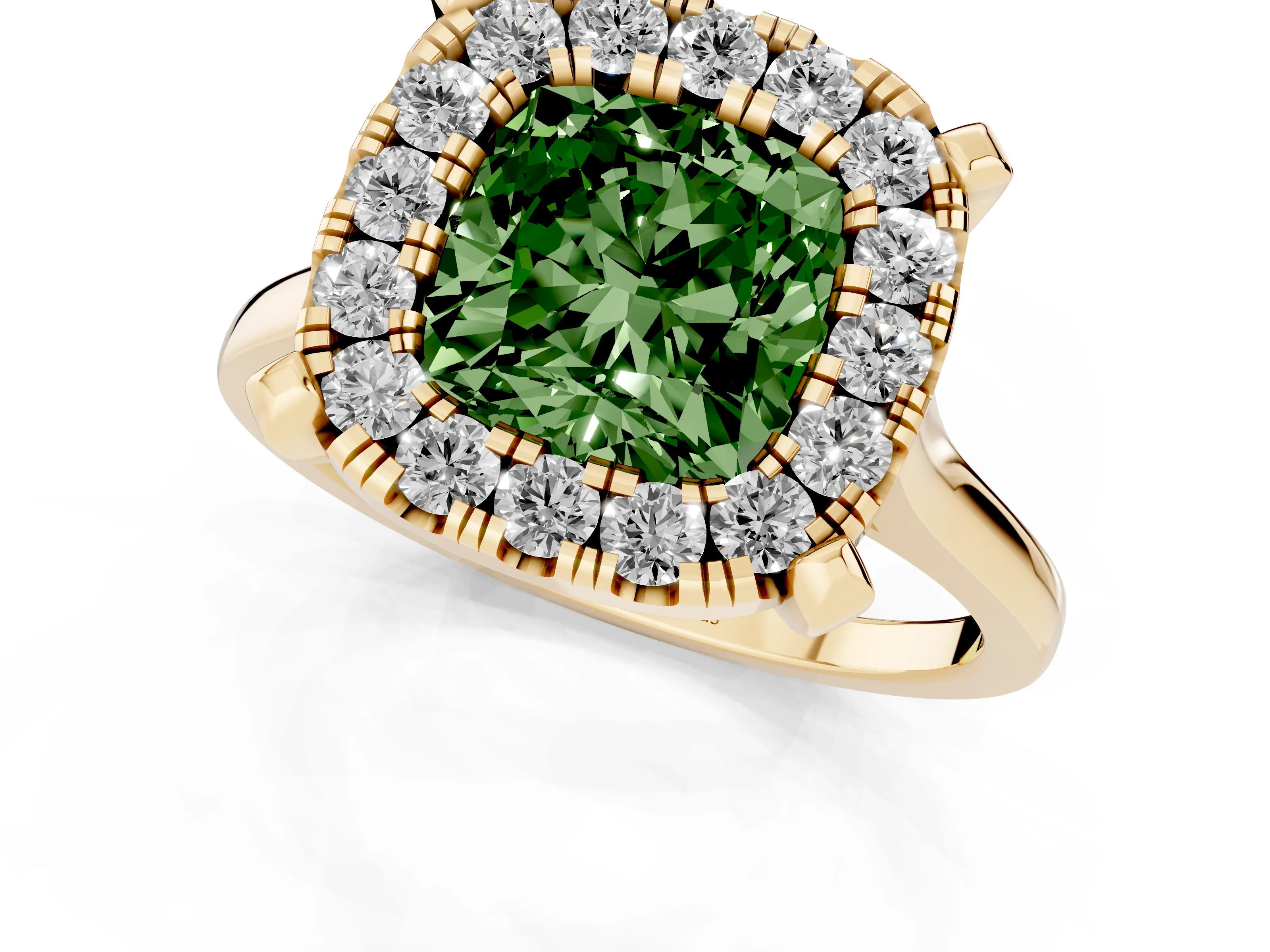 Fancy Green Cushion Cut Diamond Cluster Halo Solitaire Ring Set in Yellow gold with Prong Setting