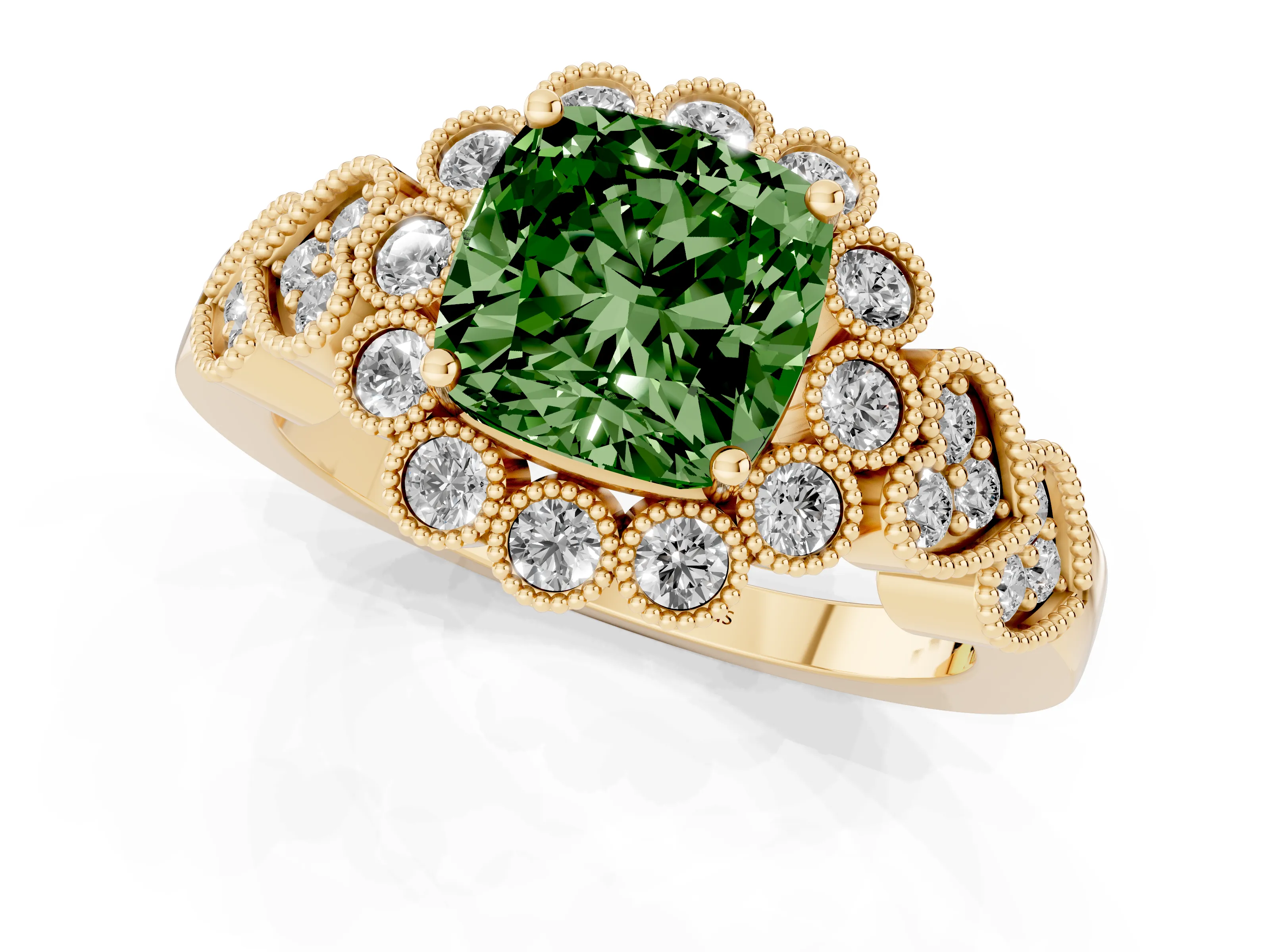 Fancy Green Cushion Cut Diamond Solitaire Ring Set in Yellow gold with Milgrain Pavé Heart Band