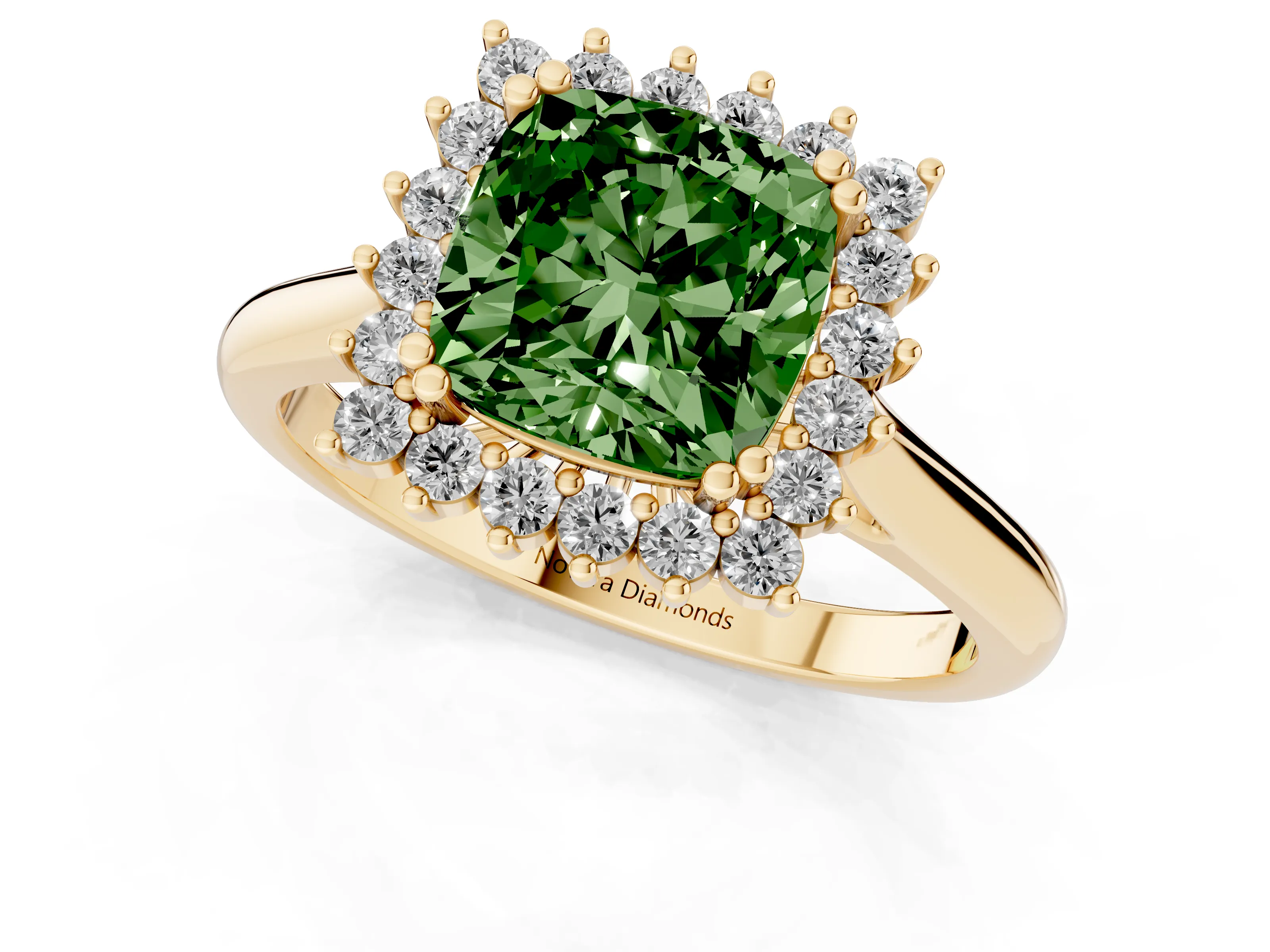 Fancy Green Cushion Cut Diamond Halo Ring Set in Yellow gold with Plain Solitaire Band and Prong Setting