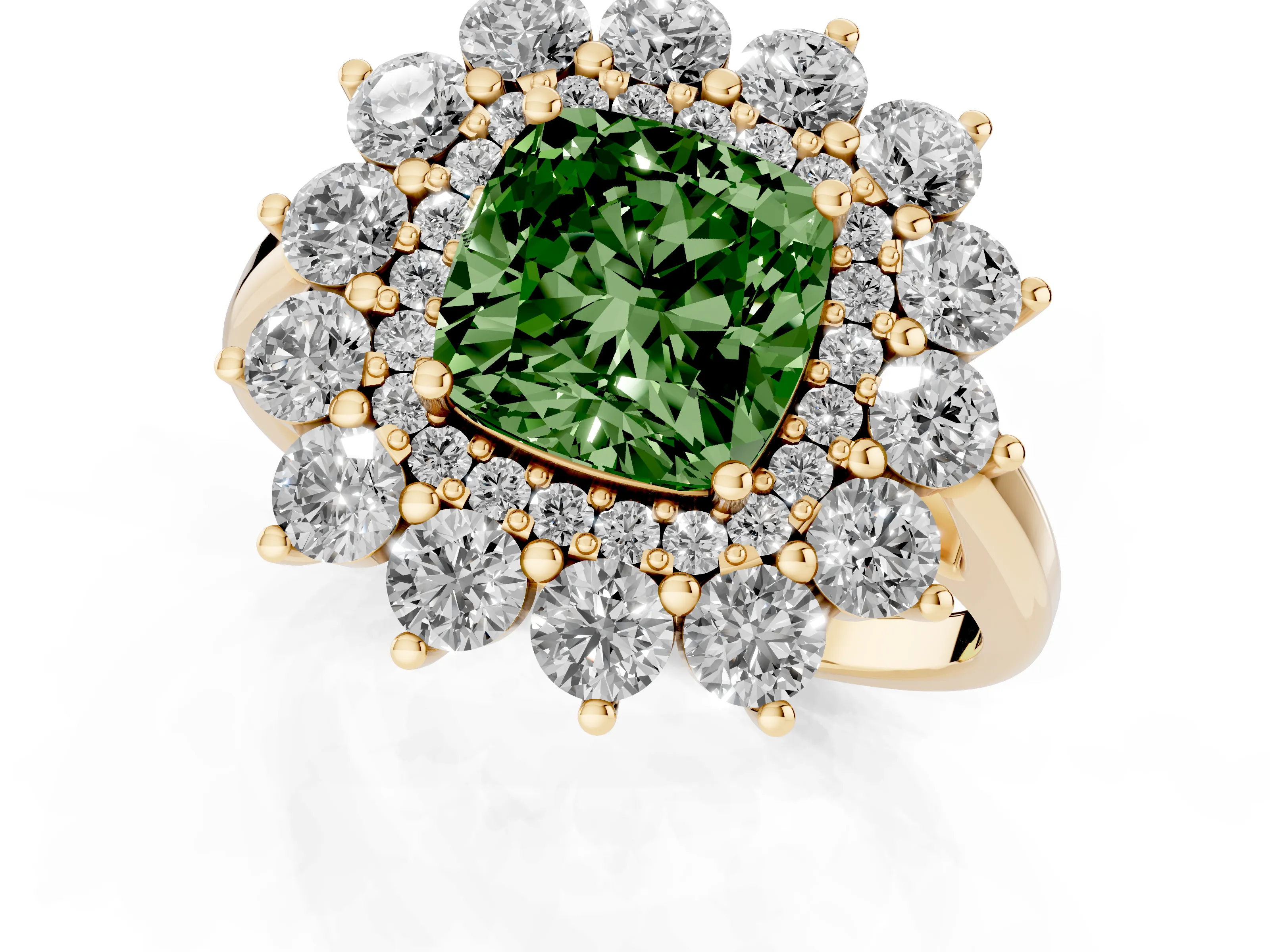 Fancy Green Cushion Cut Diamond Floral Double Halo Ring Set in Yellow gold with Round Petals