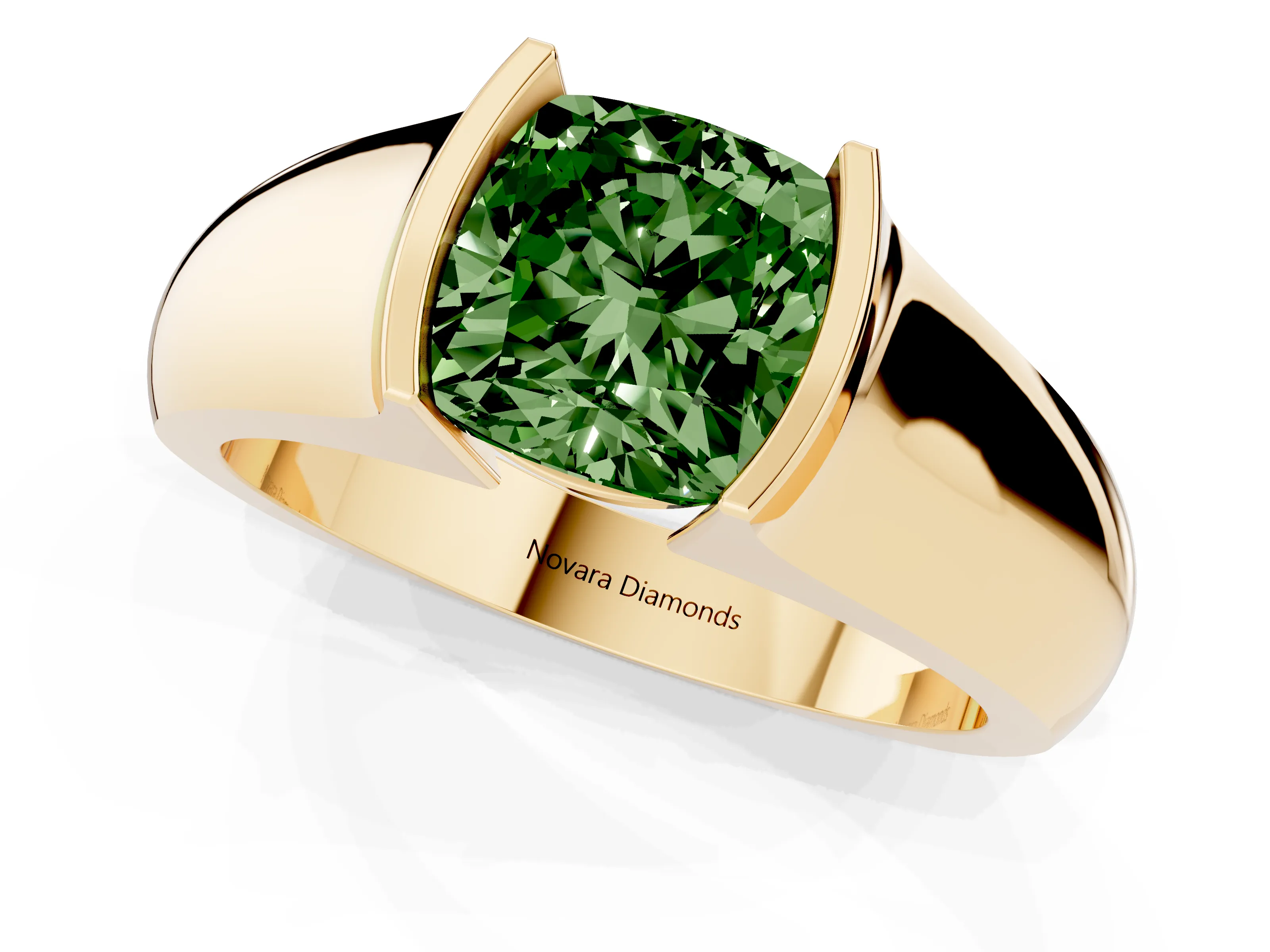 Fancy Green Cushion Cut Diamond Bezel Solitaire Ring Set in Yellow gold with Wide Band