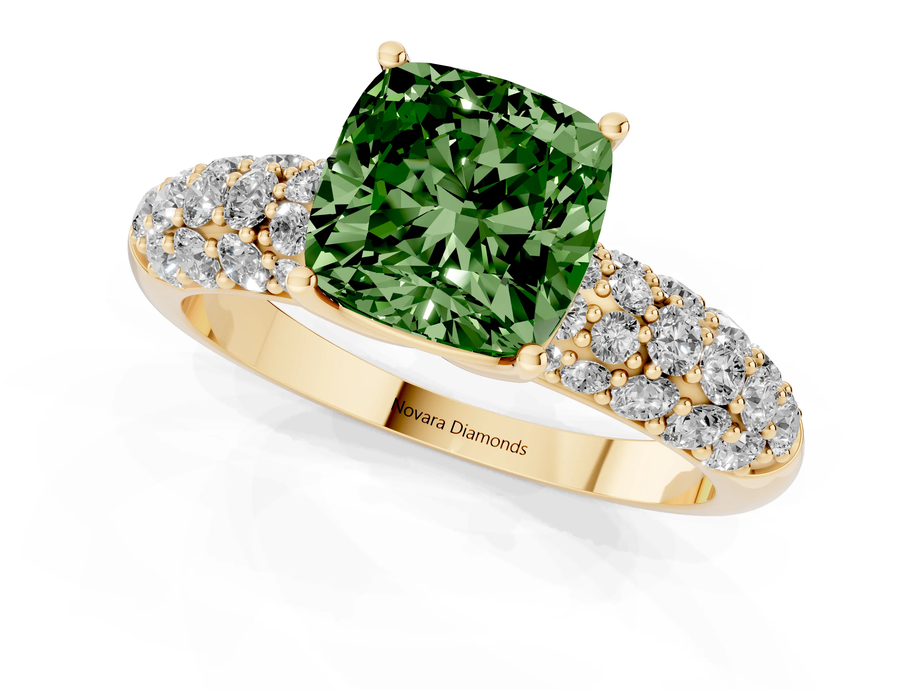 Fancy Green Cushion Cut Diamond Pavé Band Solitaire Ring Set in Yellow gold with Close-Set Accent Stones and Prong Setting