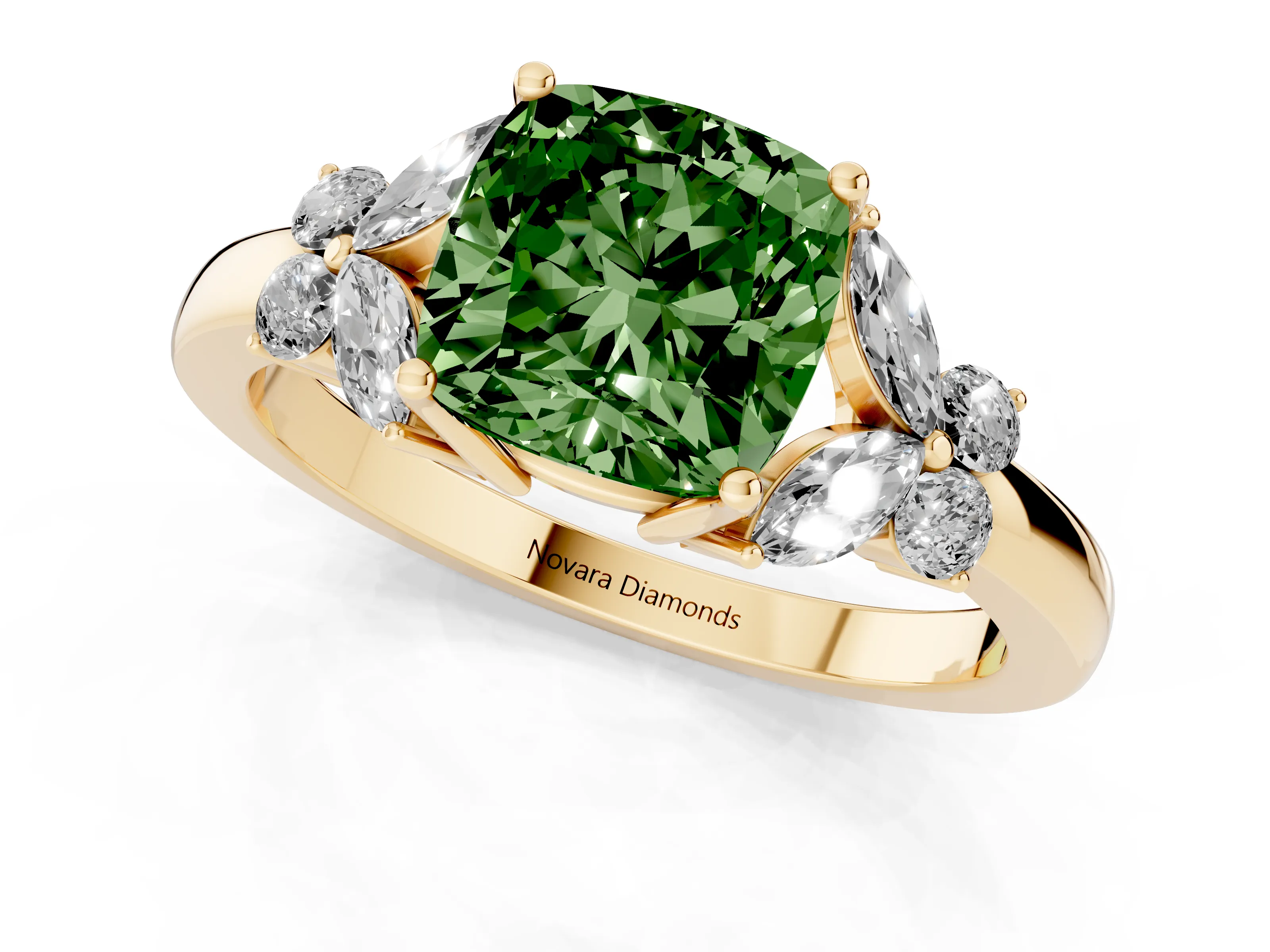 Fancy Green Cushion Cut Diamond Solitaire Floral Ring Set in Yellow gold with Marquise Petals and Prong Setting