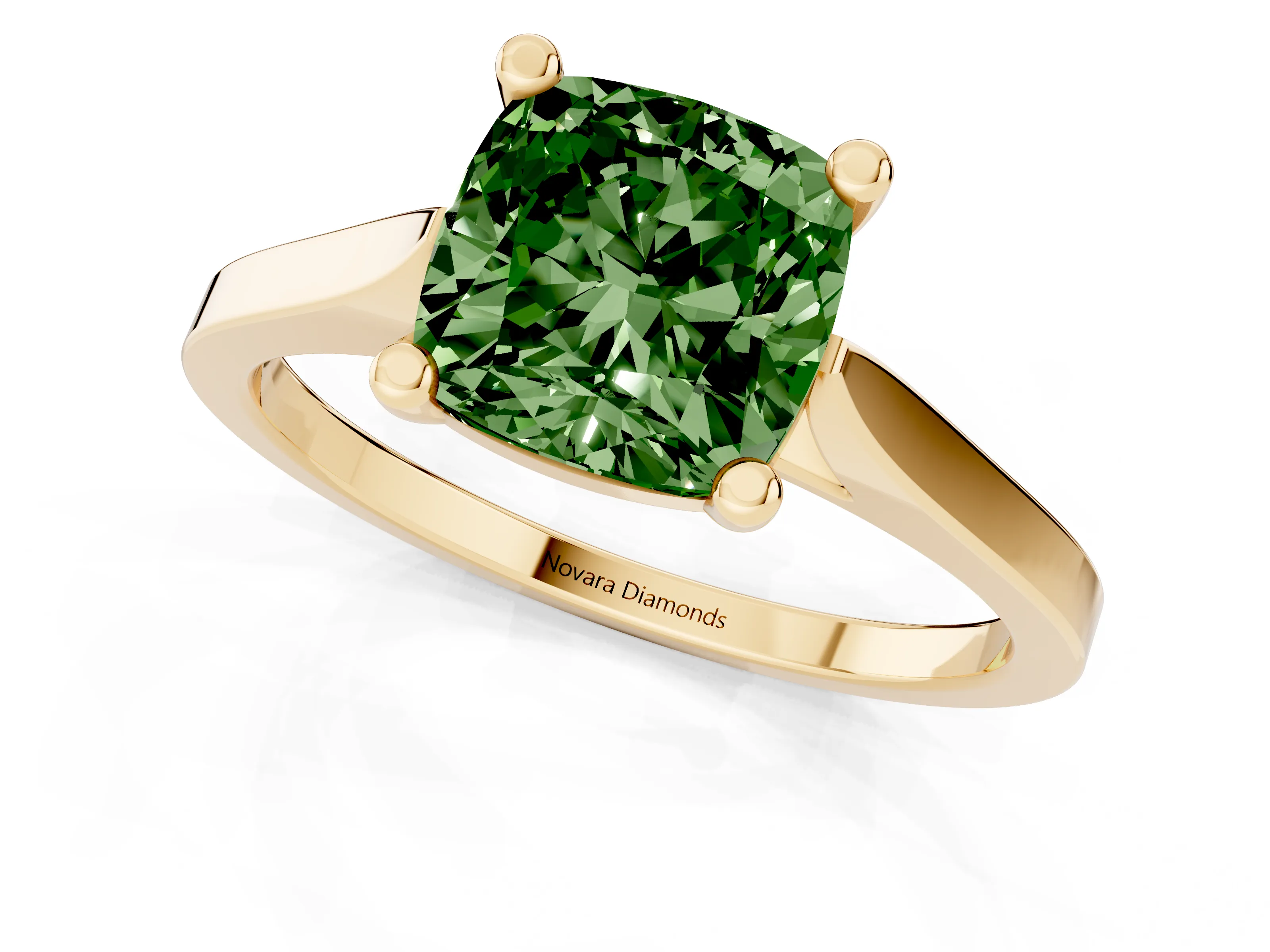 Fancy Green Cushion Cut Diamond Solitaire Ring Set in Yellow gold with Prong Setting and Tapered Band