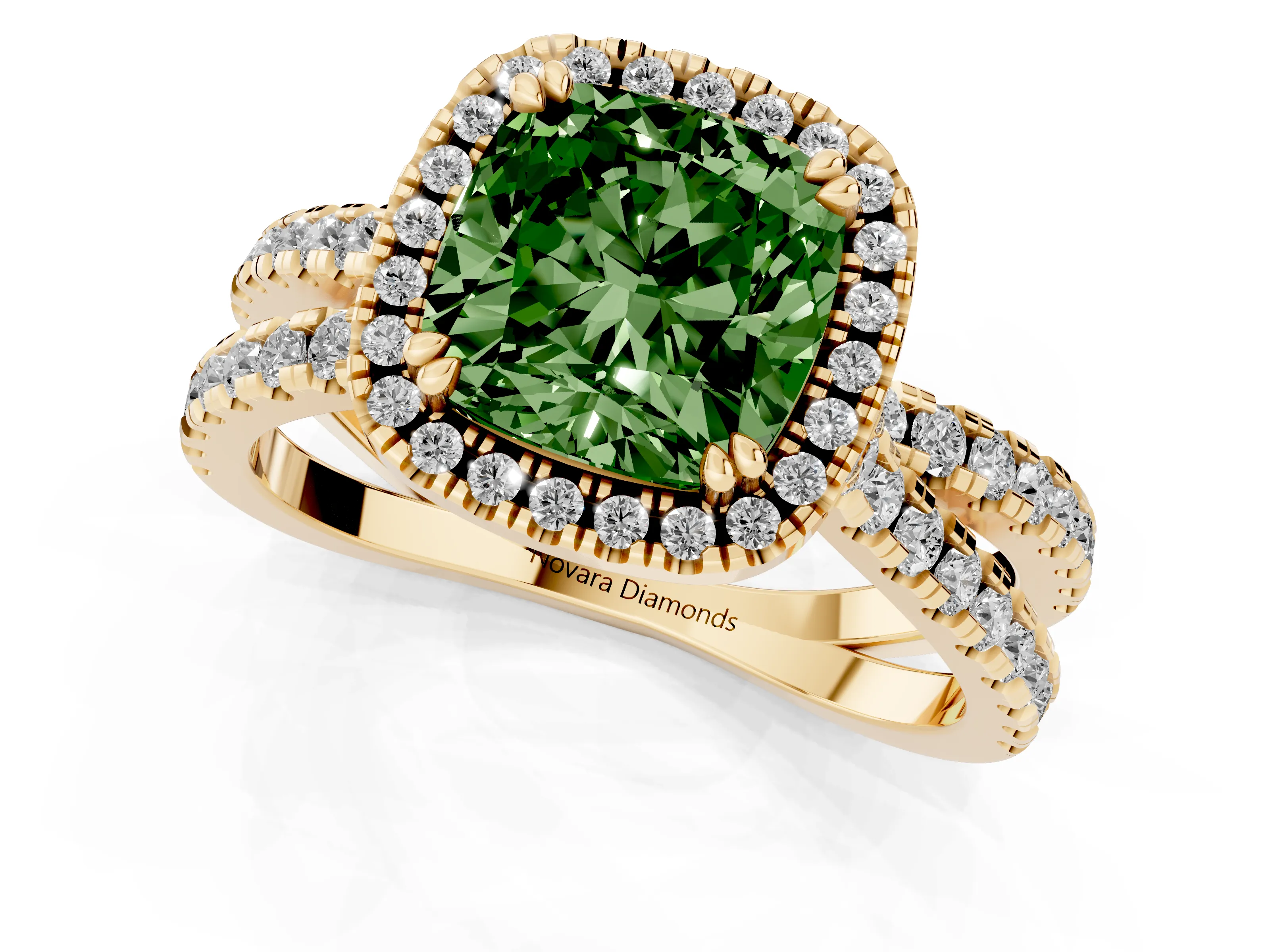 Fancy Green Cushion Cut Diamond Halo Split Shank Ring Set in Yellow gold with Pavé Setting
