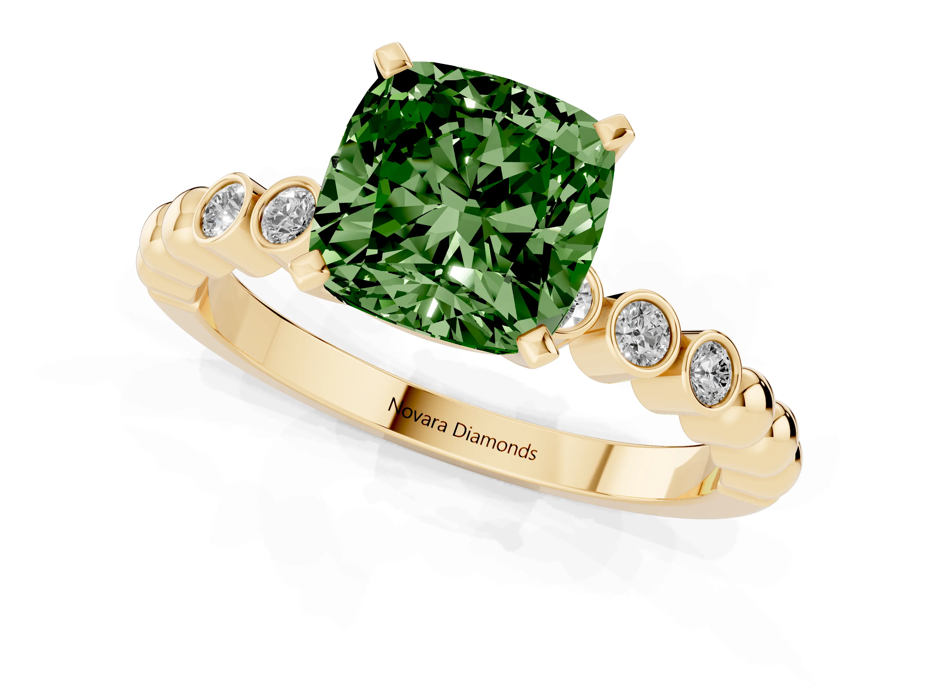 Fancy Green Cushion Cut Diamond Solitaire Engagement Ring Set in Yellow gold with Bezel Accents on Beaded Band