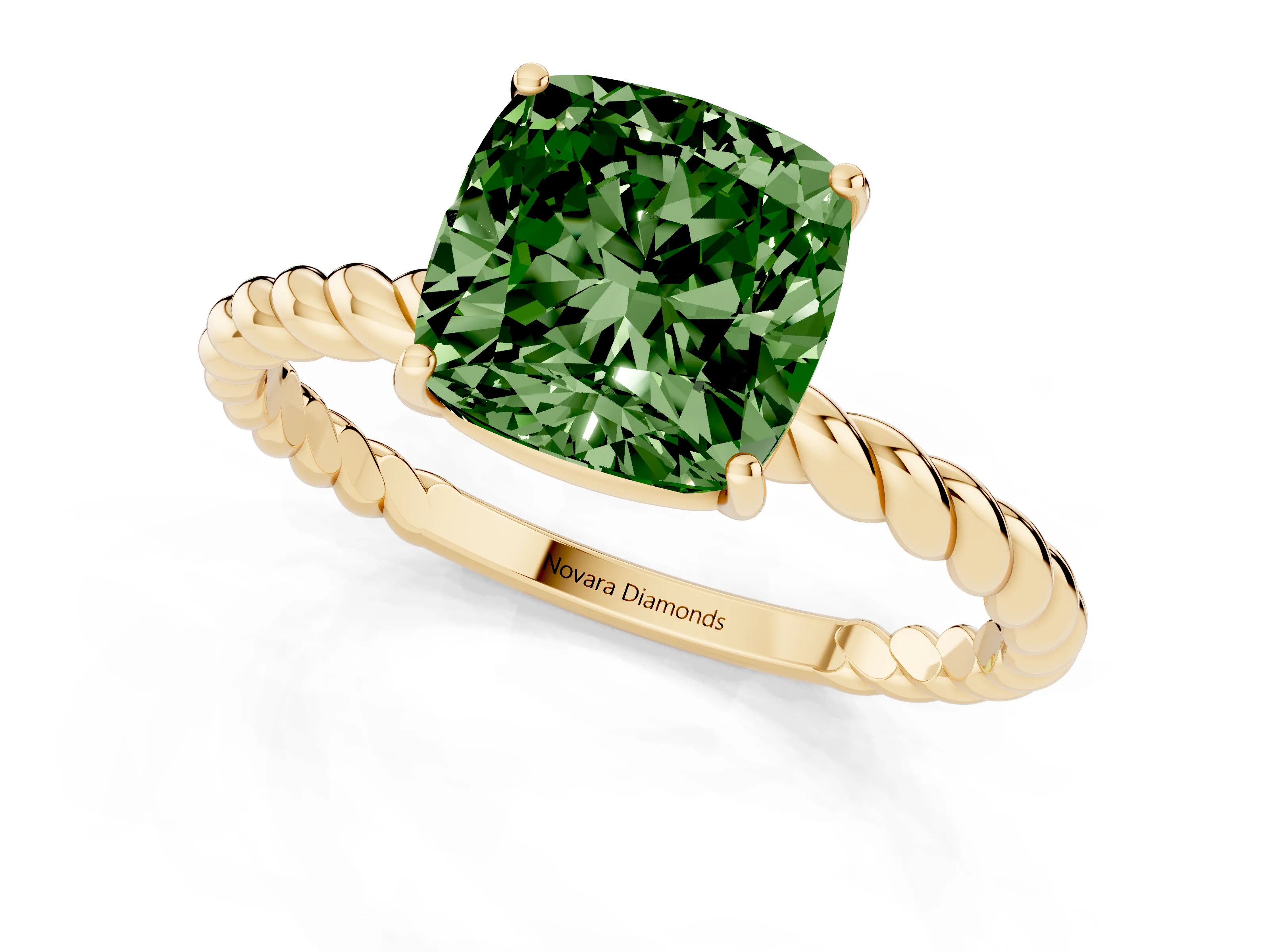 Fancy Green Cushion Cut Diamond Solitaire Ring Set in Yellow gold with Twist Band and Prong Setting