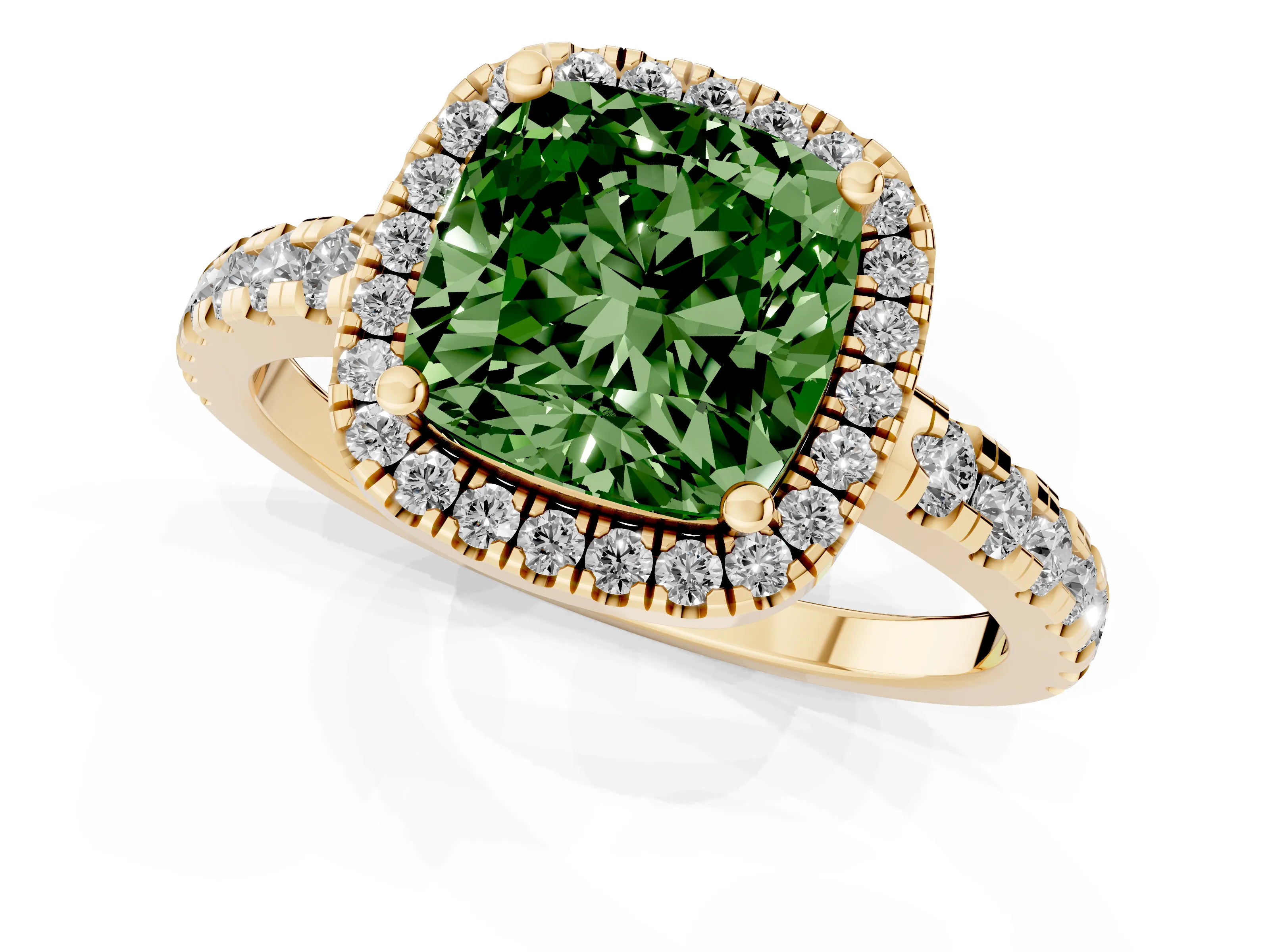 Fancy Green Cushion Cut Diamond Halo Ring Set in Yellow gold with Delicate Pavé Band and Prong Setting
