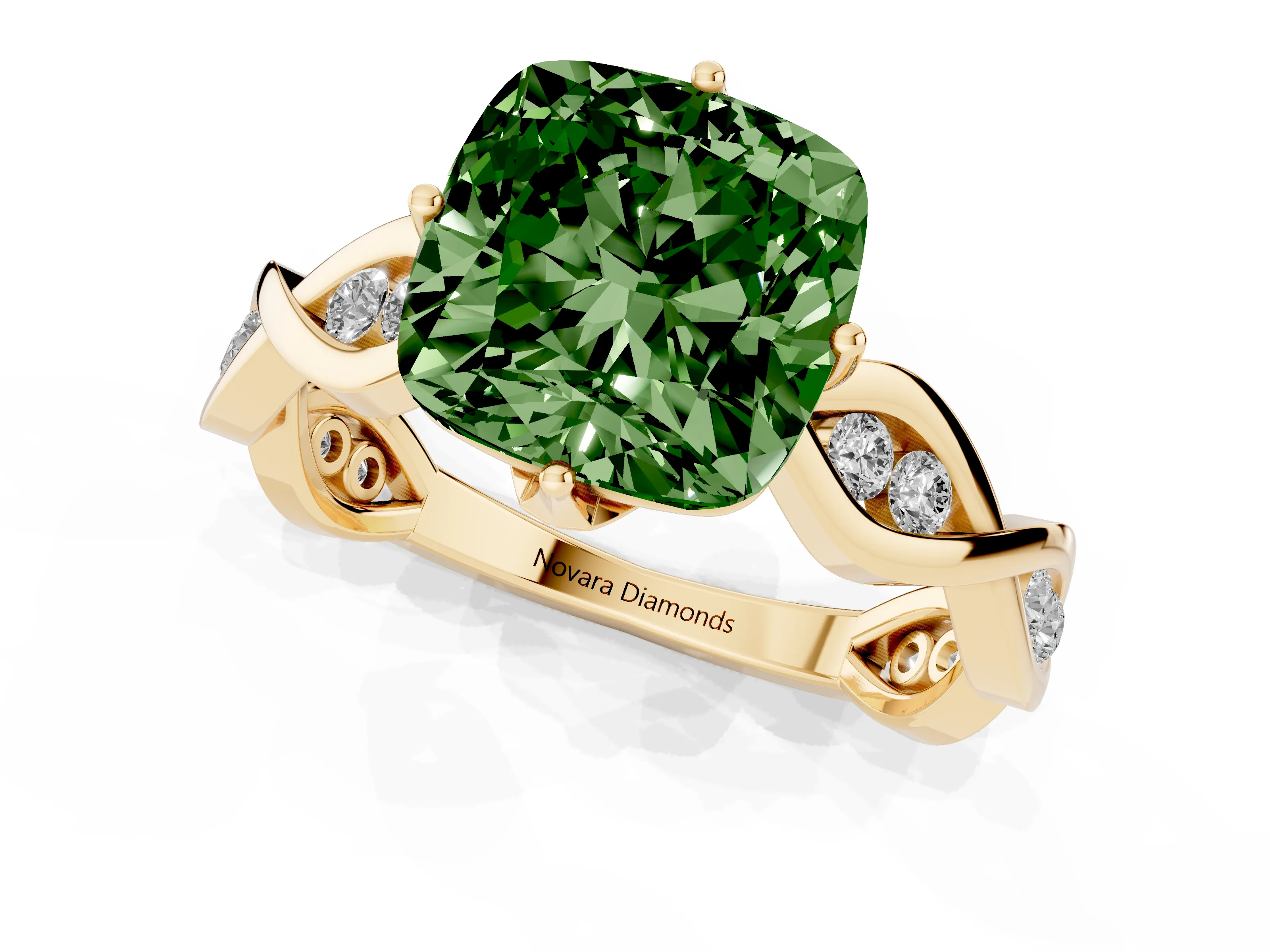 Fancy Green Cushion Cut Diamond Twist Band Solitaire Ring Set in Yellow gold with Leaf Prong Setting and Accent Stones