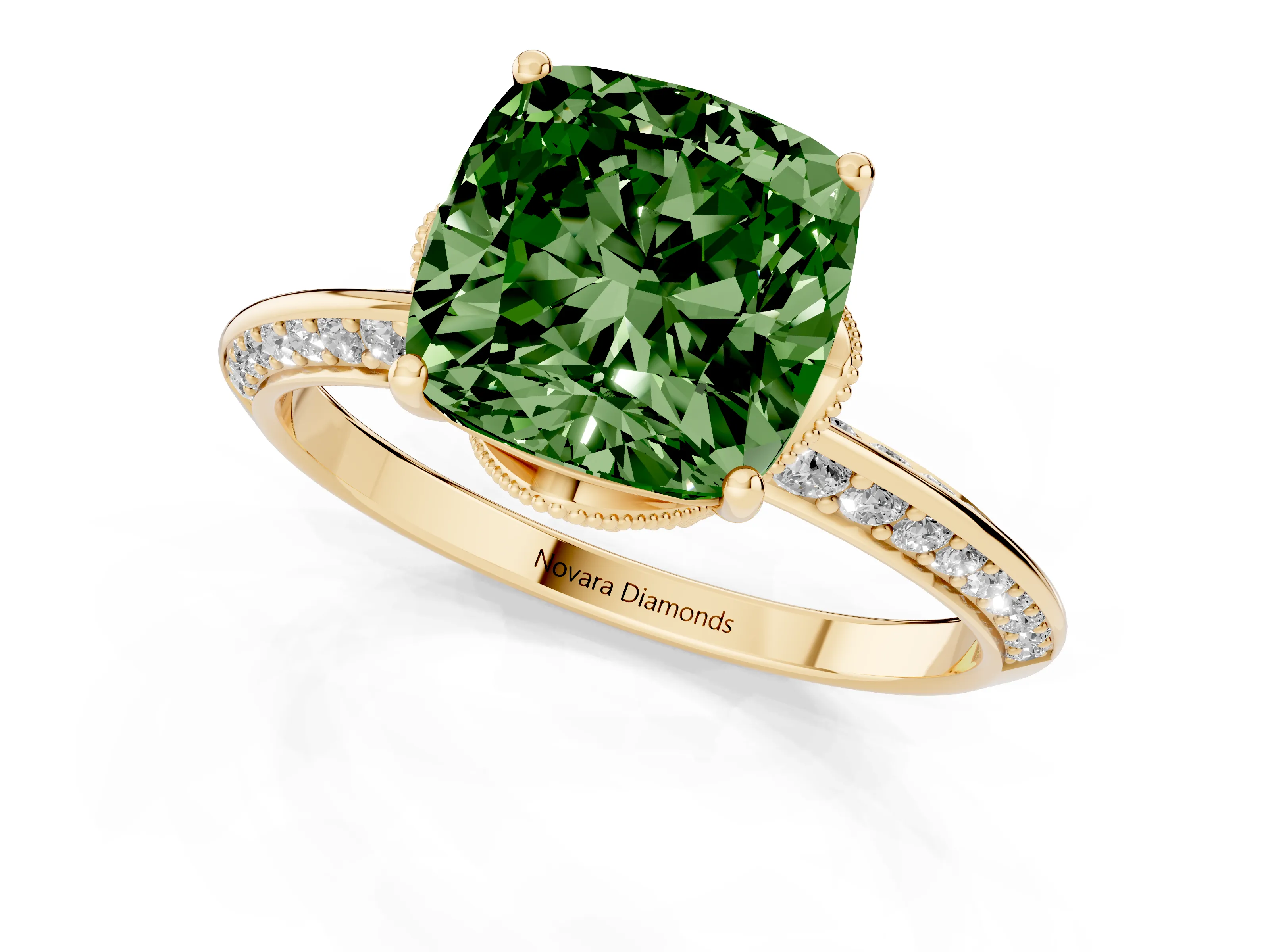 Fancy Green Cushion Cut Diamond Solitaire Engagement Ring Set in Yellow gold with Pavé Split Shank and Prong Setting