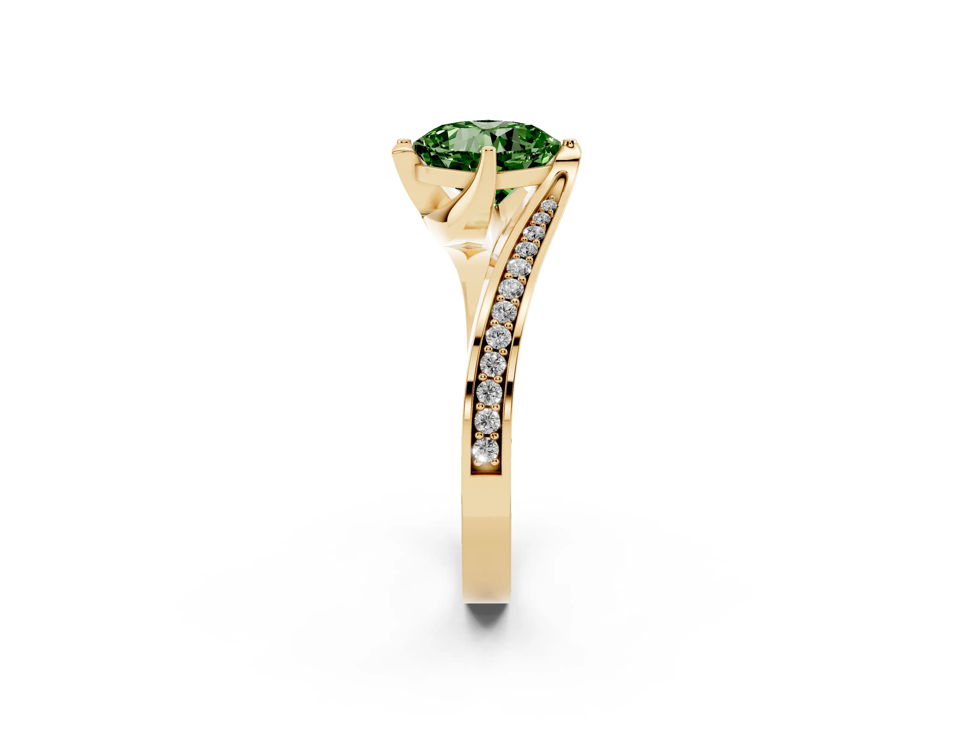 Fancy Green Cushion Cut Diamond Solitaire Ring Set in Yellow gold with Intertwined Pavé Twist Band