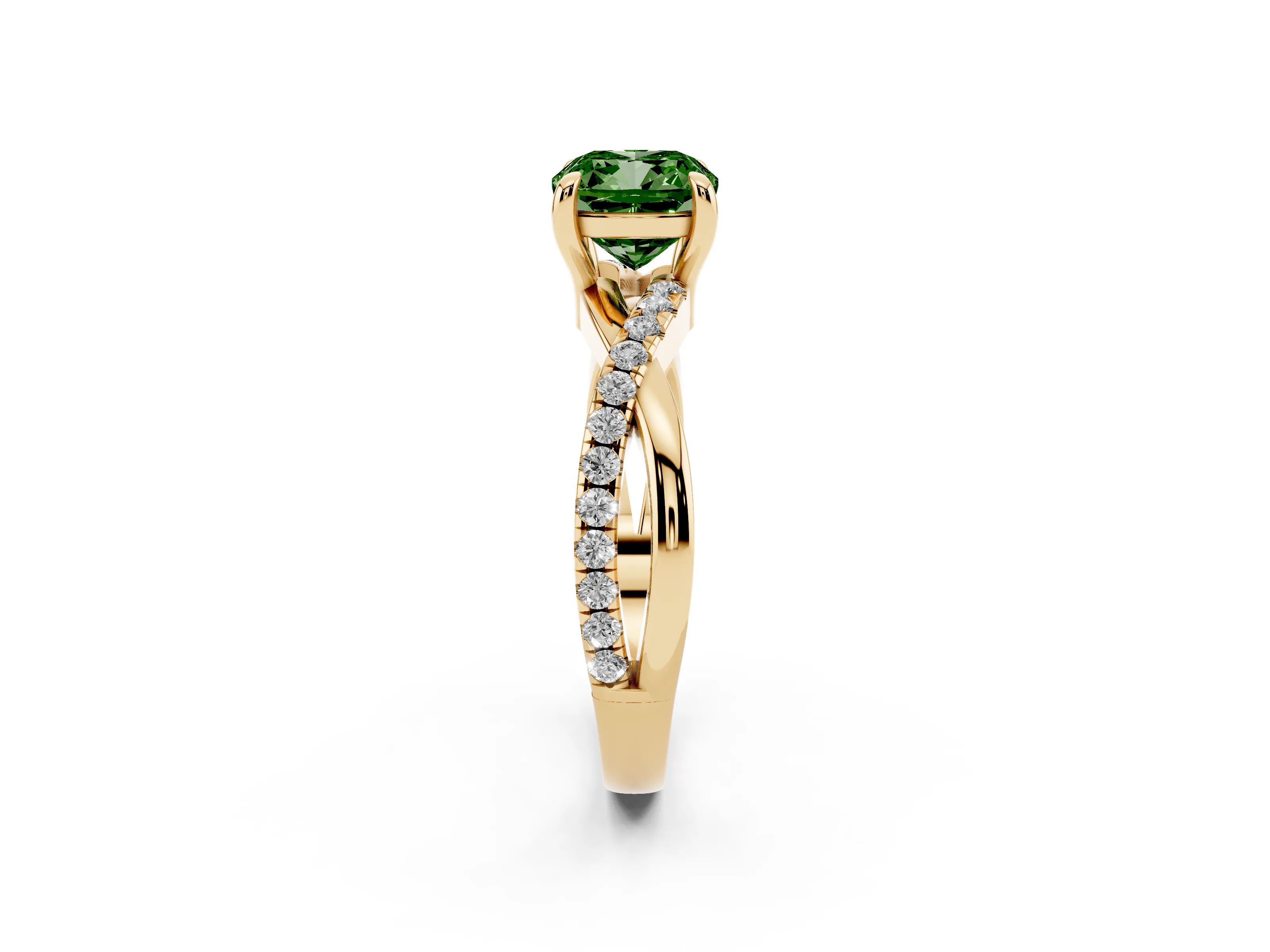 Fancy Green Cushion Cut Diamond Twist Band Pavé Solitaire Ring Set in Yellow gold with Prong Setting