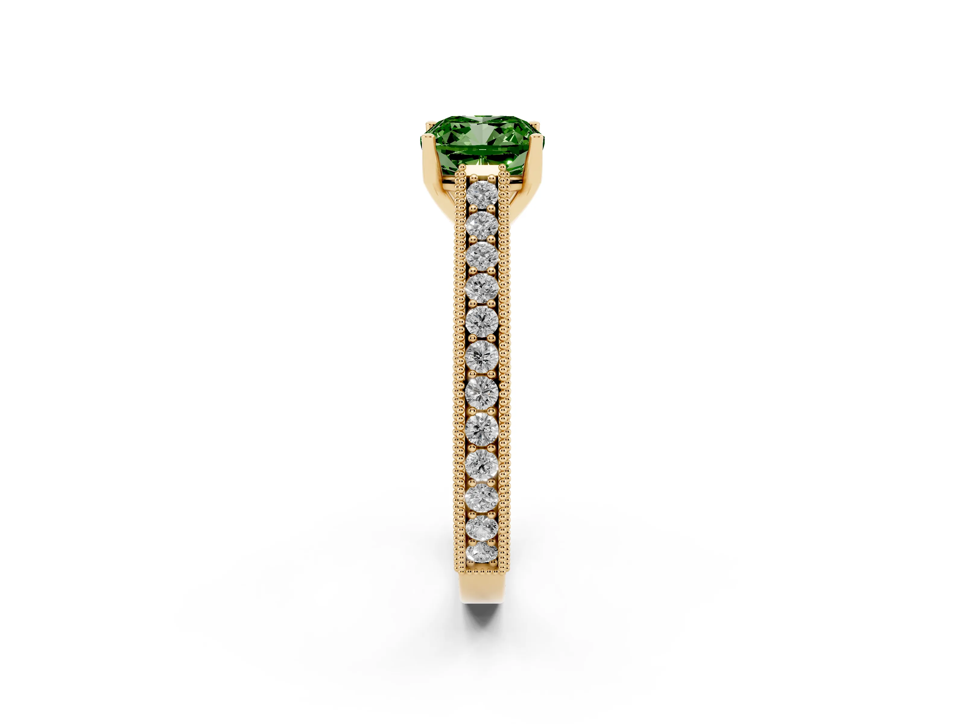 Fancy Green Cushion Cut Diamond Milgrain Pavé Band Solitaire Ring Set in Yellow gold with Prong Setting