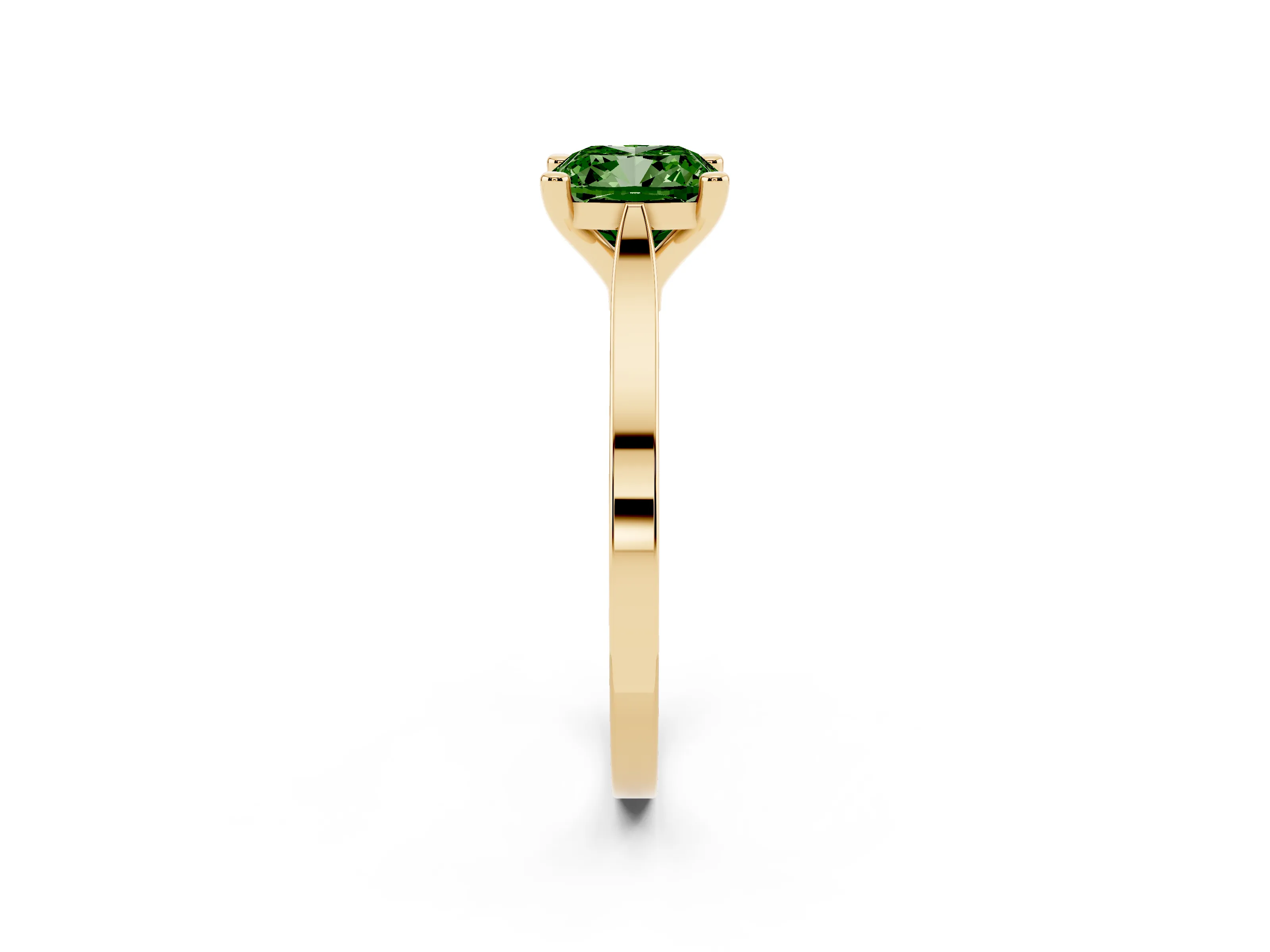 Fancy Green Cushion Cut Diamond Solitaire Ring Set in Yellow gold with Prong Setting and Tapered Band