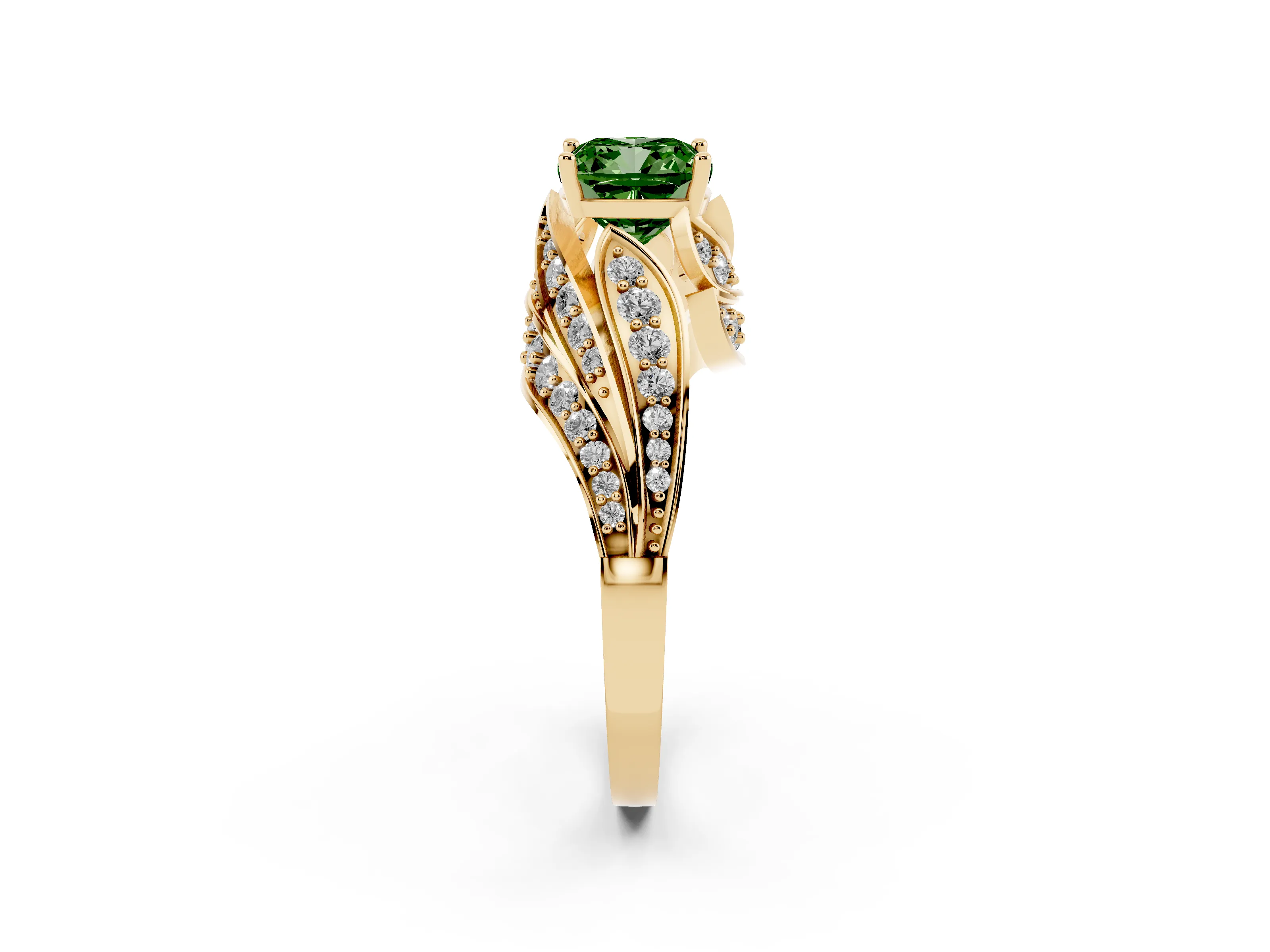 Fancy Green Cushion Cut Diamond Solitaire Ring Set in Yellow gold with Layered Twist Pavé Band