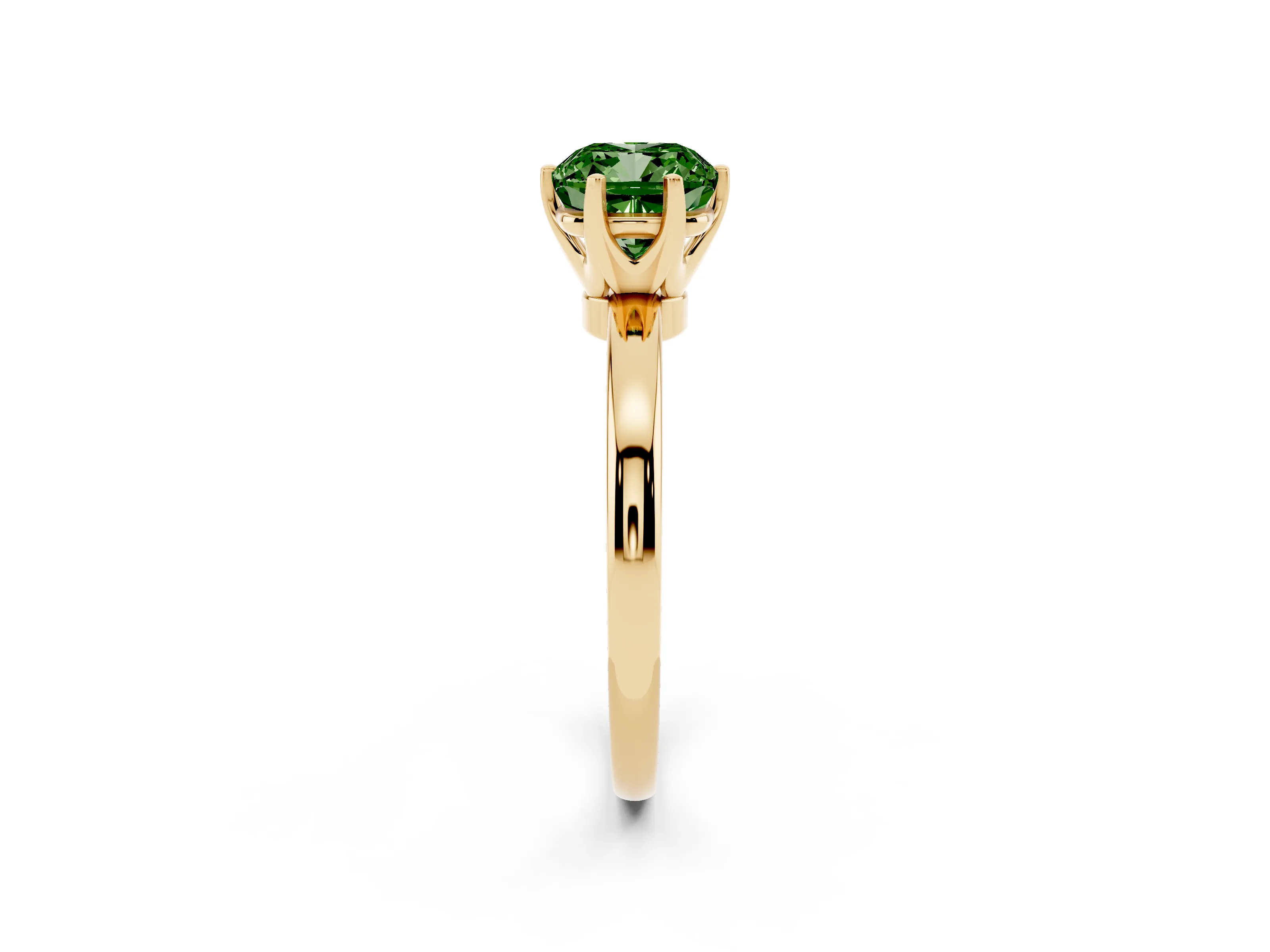 Fancy Green Cushion Cut Diamond Solitaire Ring Set in Yellow gold with Raised Prong Setting on a Classic Band