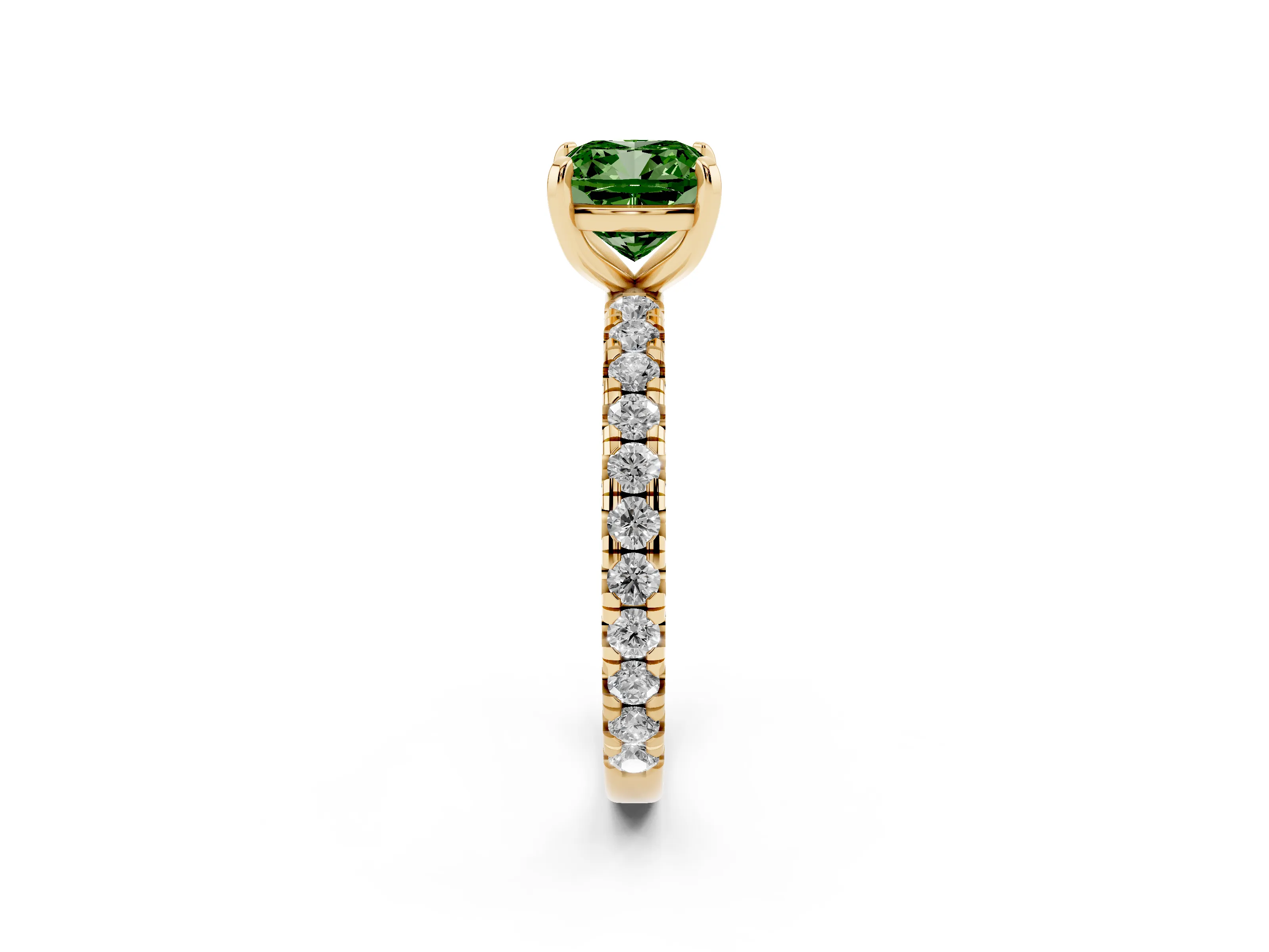 Fancy Green Cushion Cut Diamond Pavé Solitaire Ring Set in Yellow gold with Round Band and Prong Setting