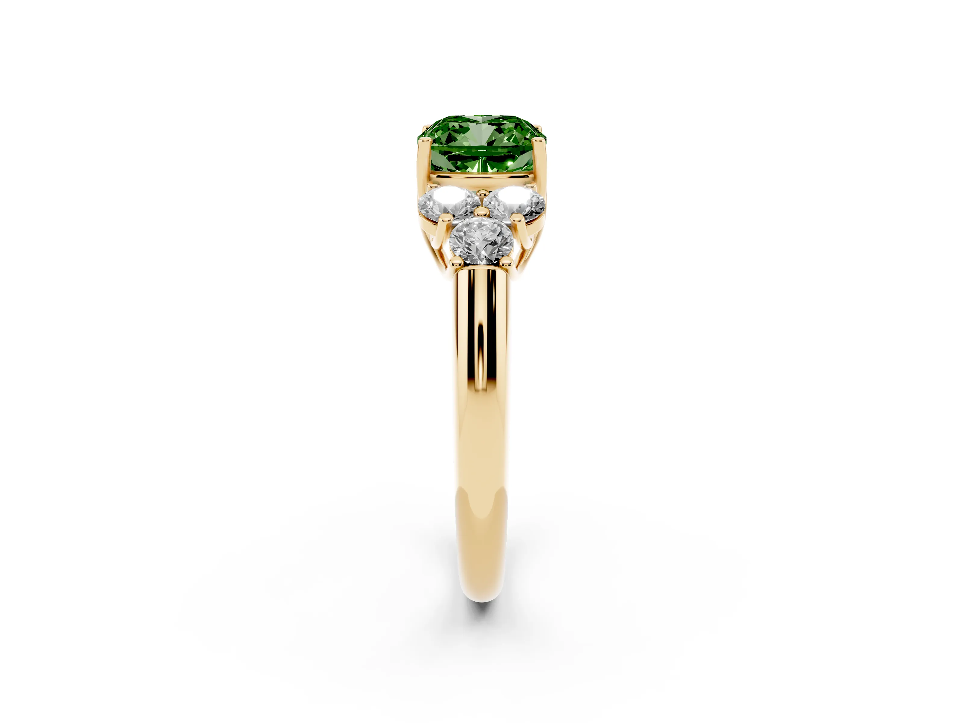 Fancy Green Cushion Cut Diamond Cluster Ring Set in Yellow gold with Round Accent Stones and Prong Setting on a Plain Band