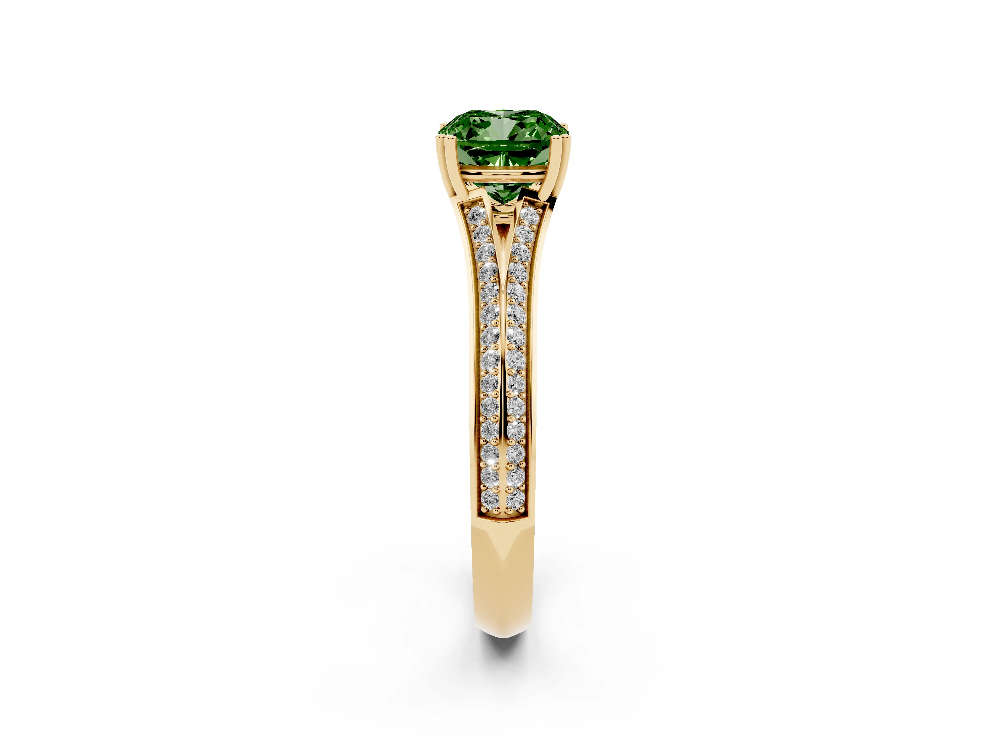Fancy Green Cushion Cut Diamond Split Shank Pavé Engagement Ring Set in Yellow gold with Prong-Set Center Stone
