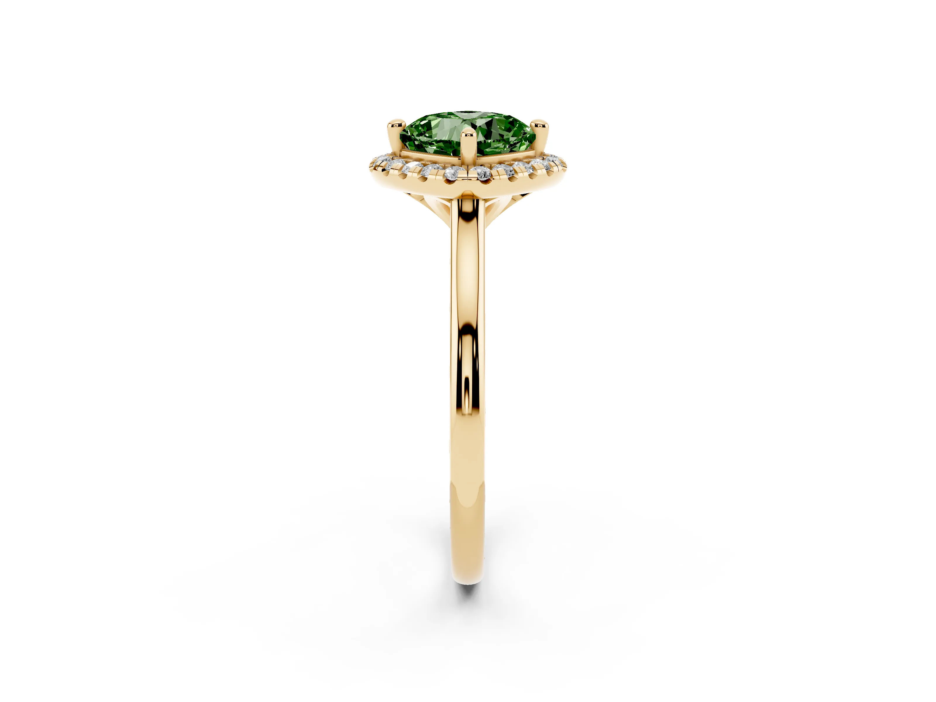 Fancy Green Cushion Cut Diamond Halo Engagement Ring Set in Yellow gold with Pavé Band and Rising Shoulders