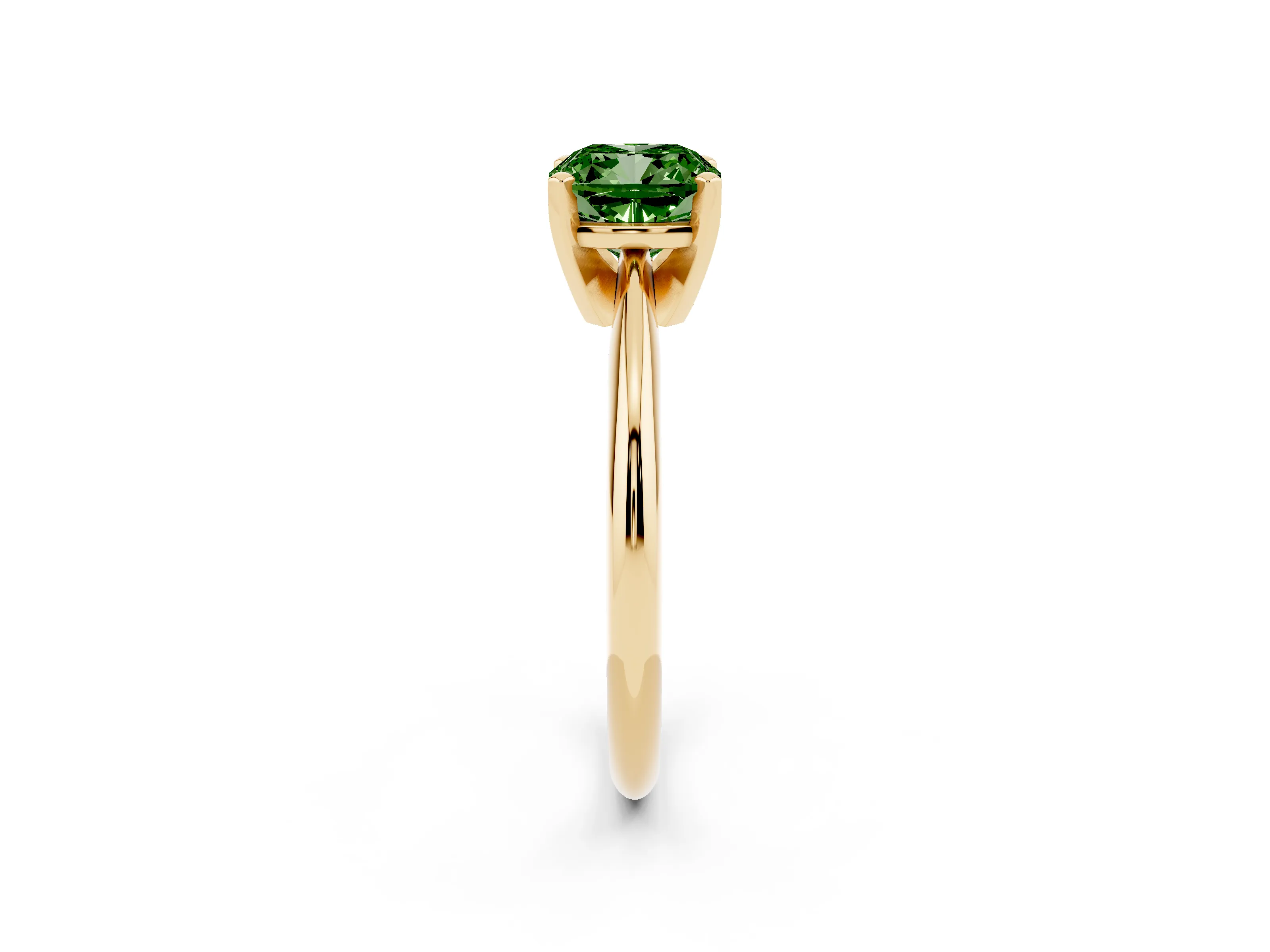 Fancy Green Cushion Cut Diamond Solitaire Ring Set in Yellow gold with Prong Setting on a Plain Round Band